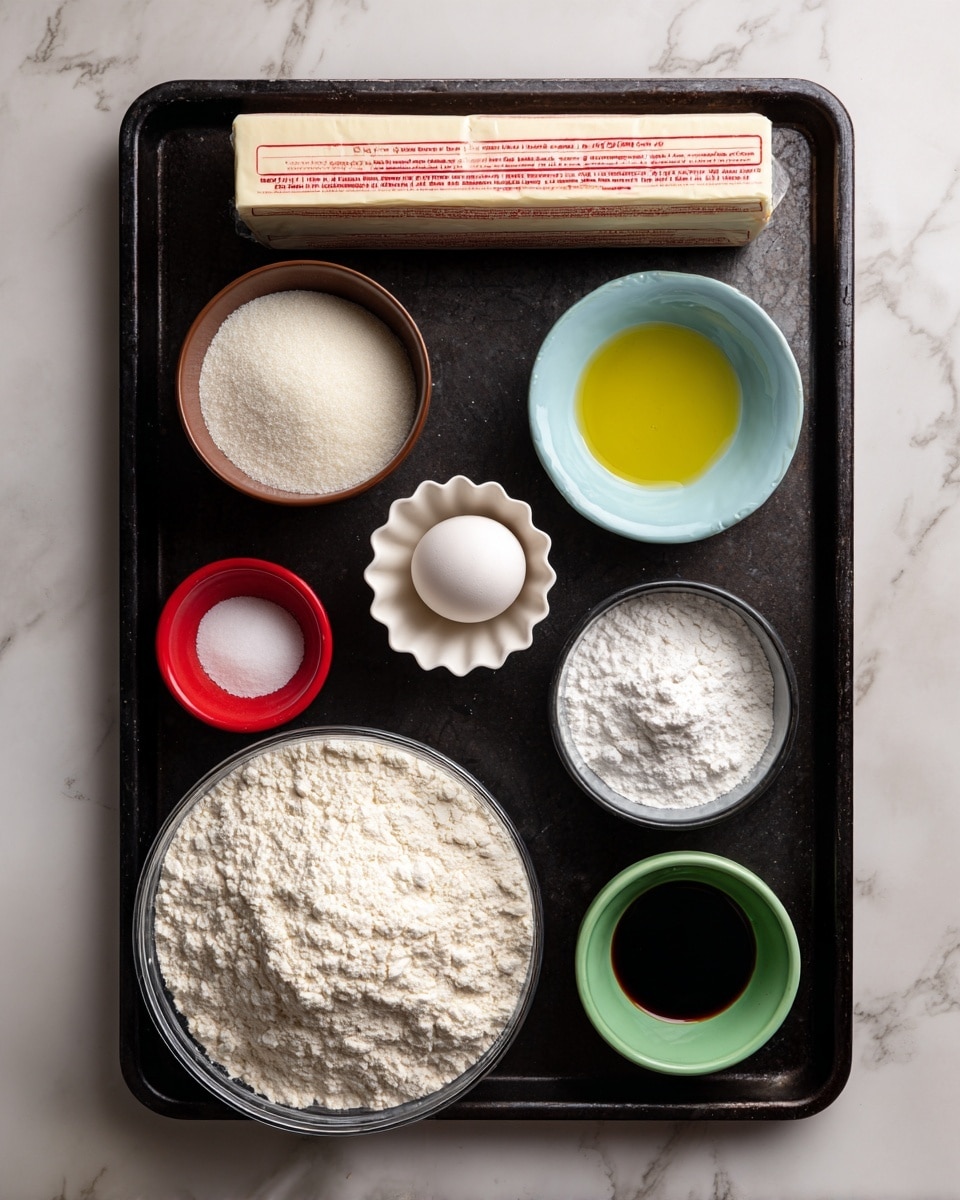 A black baking tray holds various baking ingredients arranged neatly on a white marbled surface. At the top, there is a stick of butter wrapped in its paper wrapper with visible red and white text, placed horizontally. Below it on the left side is a small round brown bowl filled with powdered sugar, which has a fine, white texture. To the right of the powdered sugar, a small pale blue bowl holds baking soda with a light, powdery white texture. Next to that, a white scalloped bowl holds golden-yellow vegetable oil. Below these, a single white egg is placed next to a small red bowl filled with white baking powder. Adjacent to that, a tiny black bowl contains salt which has a very fine white grain texture. Below all these smaller bowls, a large clear glass bowl is filled with flour that has a soft, white powdery look. To the right of the flour bowl, a small bright green bowl contains dark brown vanilla extract. All items are neatly spaced, emphasizing their colors and textures distinctly. photo taken with an iphone --ar 4:5 --v 7