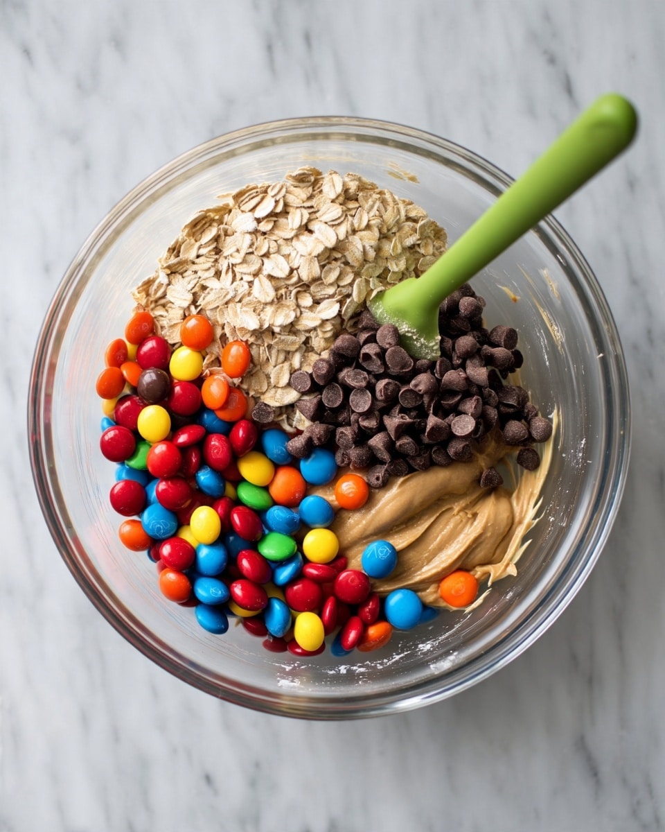 A clear glass bowl sits on a white marbled surface, filled with four distinct sections of ingredients. The bottom right shows a smooth, creamy light brown mixture. The top right is filled with a heap of small, dark brown chocolate chips with a soft texture. The top left section contains light beige rolled oats that look dry and slightly rough. The bottom left is packed with colorful, round candy-coated chocolates in bright reds, yellows, blues, oranges, and greens. A green spatula rests inside the bowl against the chocolate chips. Photo taken with an iphone --ar 4:5 --v 7