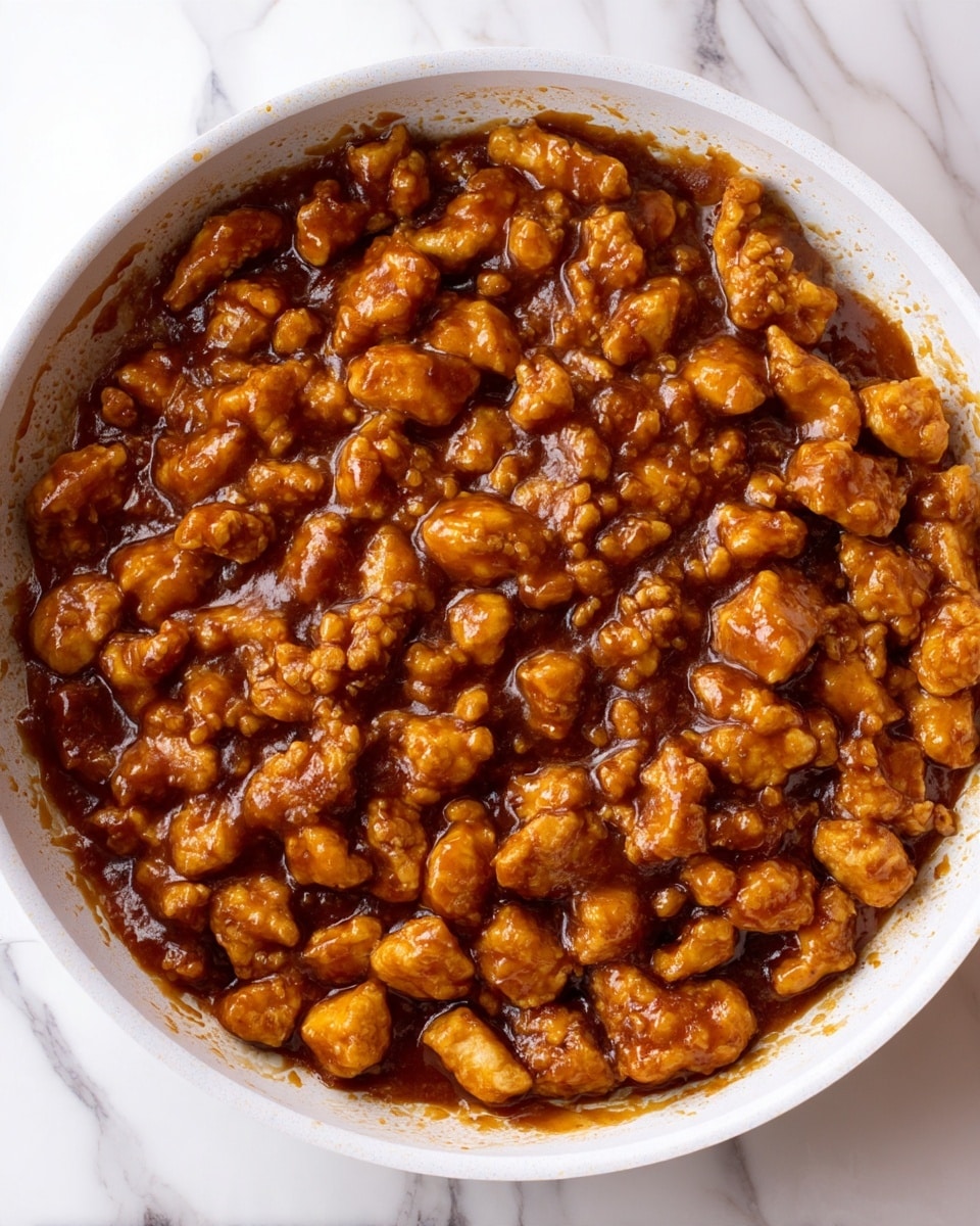 A close-up view of a white pan filled with small, soft pieces of cooked food covered evenly in a thick, rich brown sauce. The sauce has a shiny texture and coats all pieces, creating a smooth, uniform look with some visible lumps of the main ingredient. The background is a white marbled surface, adding a clean and simple feel to the image. Photo taken with an iphone --ar 4:5 --v 7