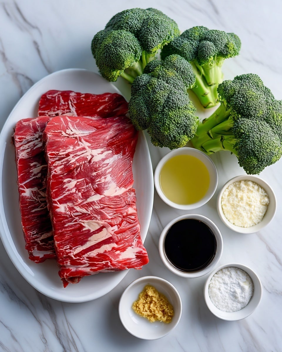 The image shows a flat white plate on a white marbled surface holding a large piece of raw red meat with white marbling on the left side. To the upper right and lower right of the meat, there are two fresh dark green broccoli heads with thick light green stems. Near the center are five small white bowls arranged loosely, each containing different ingredients: a black liquid, a pale yellow liquid, light brown powder, light yellow minced substance, and a white granular substance. The colors are vivid against the clean white marbled background, creating a fresh and natural cooking setup photo taken with an iphone --ar 4:5 --v 7
