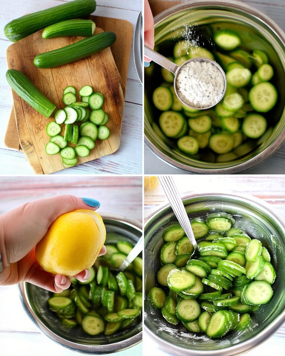 The image shows four steps in making a cucumber salad. In the top left, fresh green cucumber slices are on a wooden cutting board with two whole cucumbers nearby. In the top right, a metal bowl is filled with cucumber slices, and a woman's hand holds a measuring spoon with white powdered seasoning above the bowl. In the bottom left, a woman's hand is squeezing a bright yellow lemon over the bowl of cucumber slices. In the bottom right, the cucumbers are mixed with the seasoning and lemon juice, showing a shiny, wet texture with a spoon inside the metal bowl. The background is a white marbled texture photo taken with an iphone --ar 4:5 --v 7