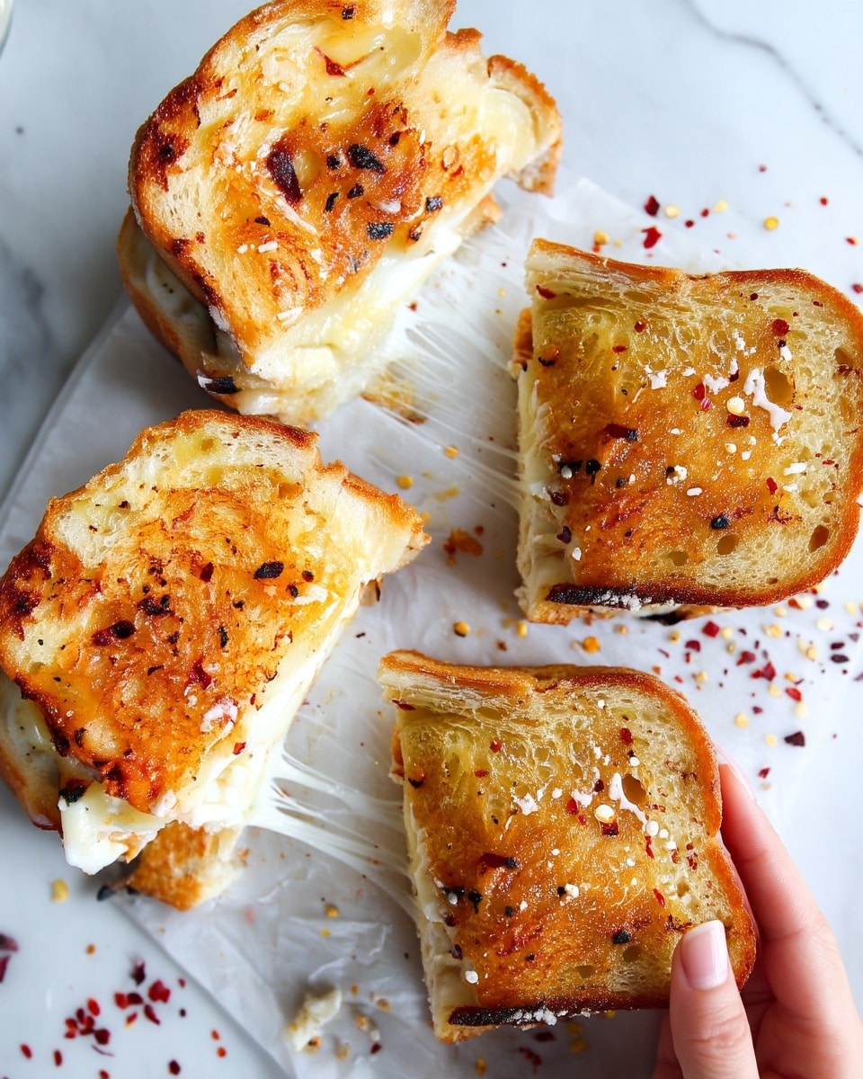 The image shows four pieces of grilled cheese sandwiches on a white marbled surface. Each sandwich has two golden brown toasted bread slices with a crispy texture, and inside there is a soft, melted white cheese layer. The bread is sprinkled with tiny red chili flakes that add a speckled red detail on top. One sandwich piece is held by a woman's hand, slightly lifted, showing the gooey, shiny melted cheese inside. The sandwiches are cut into smaller square sections, with a few crumbs and chili flakes scattered around the surface. Photo taken with an iphone --ar 4:5 --v 7