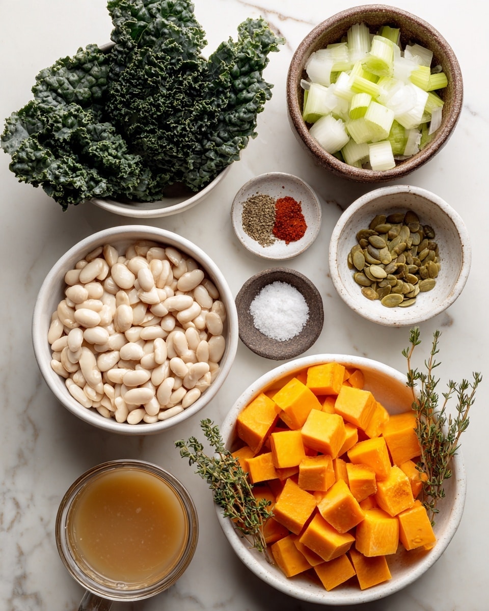 The image shows several bowls and ingredients arranged on a white marbled surface. There is a white bowl filled with bright orange squash cubes on the right side, with a few sprigs of green thyme resting on top. Next to it is a white bowl with chopped white onion and sliced green celery. Above, there is a rustic brown bowl holding chopped garlic, and to its upper right, a smaller white bowl contains green pepitas. A small white bowl nearby holds three spices: red powder, black pepper, and white salt. On the left side, there is a brown bowl filled with light beige white beans. Below the beans is a bunch of dark green kale leaves. In the middle on the left side, there is a clear glass with light brown broth. At the bottom right is a small glass with white cream. Everything is arranged neatly with clear labels pointing out each ingredient. Photo taken with an iphone --ar 4:5 --v 7