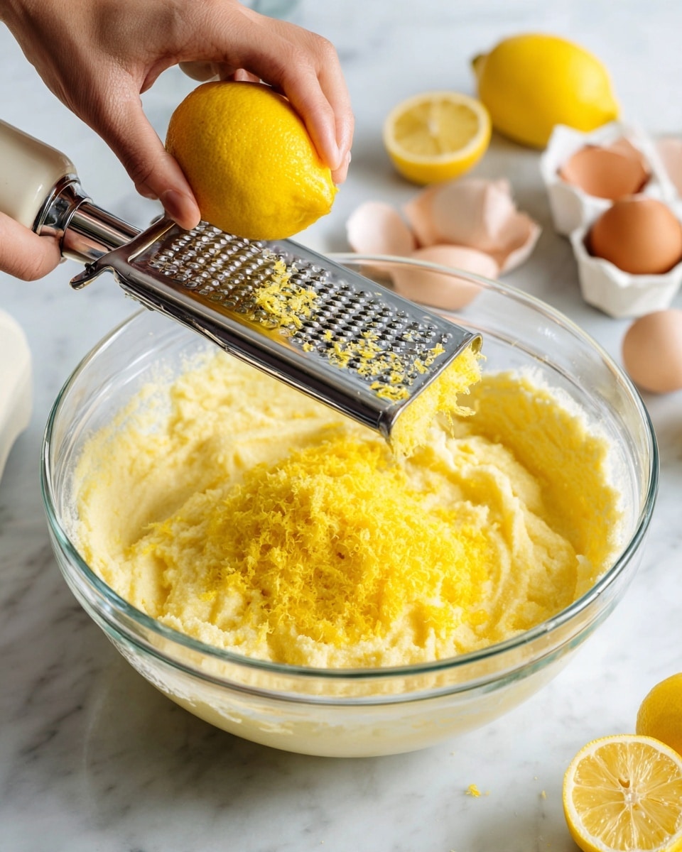 The images show a clear glass bowl on a white marbled surface, filled with light yellow batter mixed with small dark specks. A woman's hand is holding a bright yellow lemon over a metal grater, zesting the lemon directly above the batter. The grated lemon zest, bright yellow and fine, sits on top of the batter in the bowl. A white stand mixer with a metal paddle attachment is partially visible mixing the batter, which looks smooth and thick. Nearby are lemon halves and some eggs on the white marbled surface. photo taken with an iphone --ar 4:5 --v 7