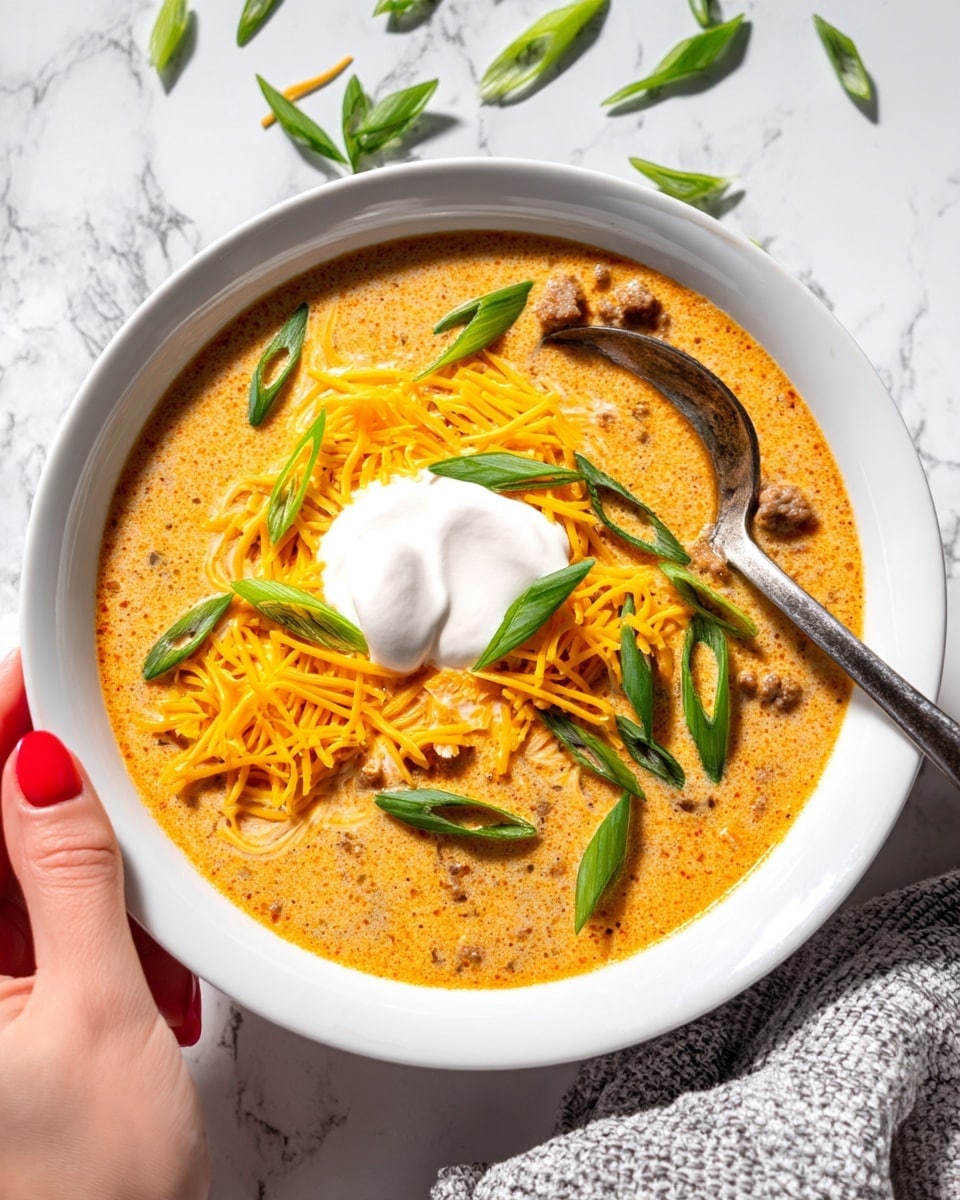 The image shows a white bowl filled with a creamy, orange soup that has a smooth texture mixed with small pieces of meat. On top, there is a layer of bright yellow shredded cheese mostly piled toward the center, with a dollop of white sour cream sitting right on the cheese. Green sliced scallions are scattered over the cheese and sour cream, as well as around the bowl on a white marbled surface. A metal spoon rests nearby on the surface, with a woman's hand about to scoop from the bowl. The scene is bright and clean-looking. photo taken with an iphone --ar 4:5 --v 7
