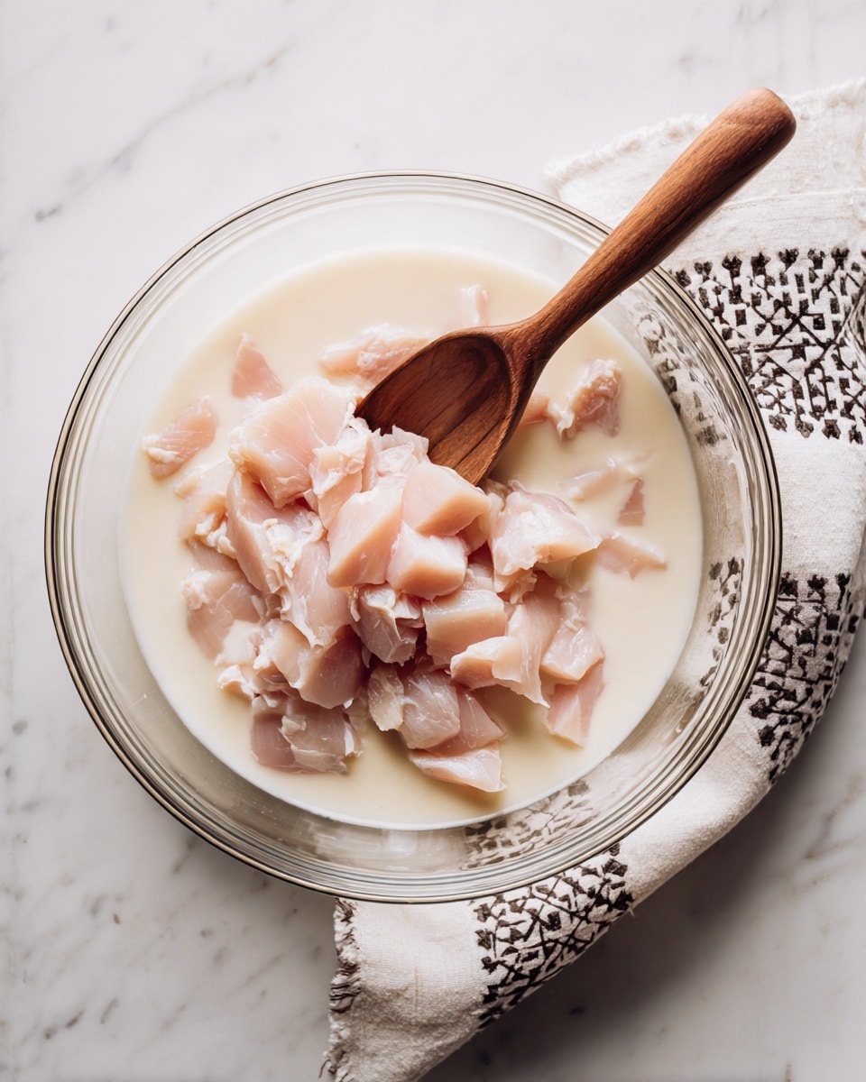 A clear glass bowl sits on a white marbled surface, filled with small pieces of raw, pale pink chicken layered evenly throughout a light cream-colored liquid. A wooden spoon rests inside the bowl, partially submerged and holding some pieces of chicken. A white cloth with black patterns lies beside the bowl. Photo taken with an iphone --ar 4:5 --v 7