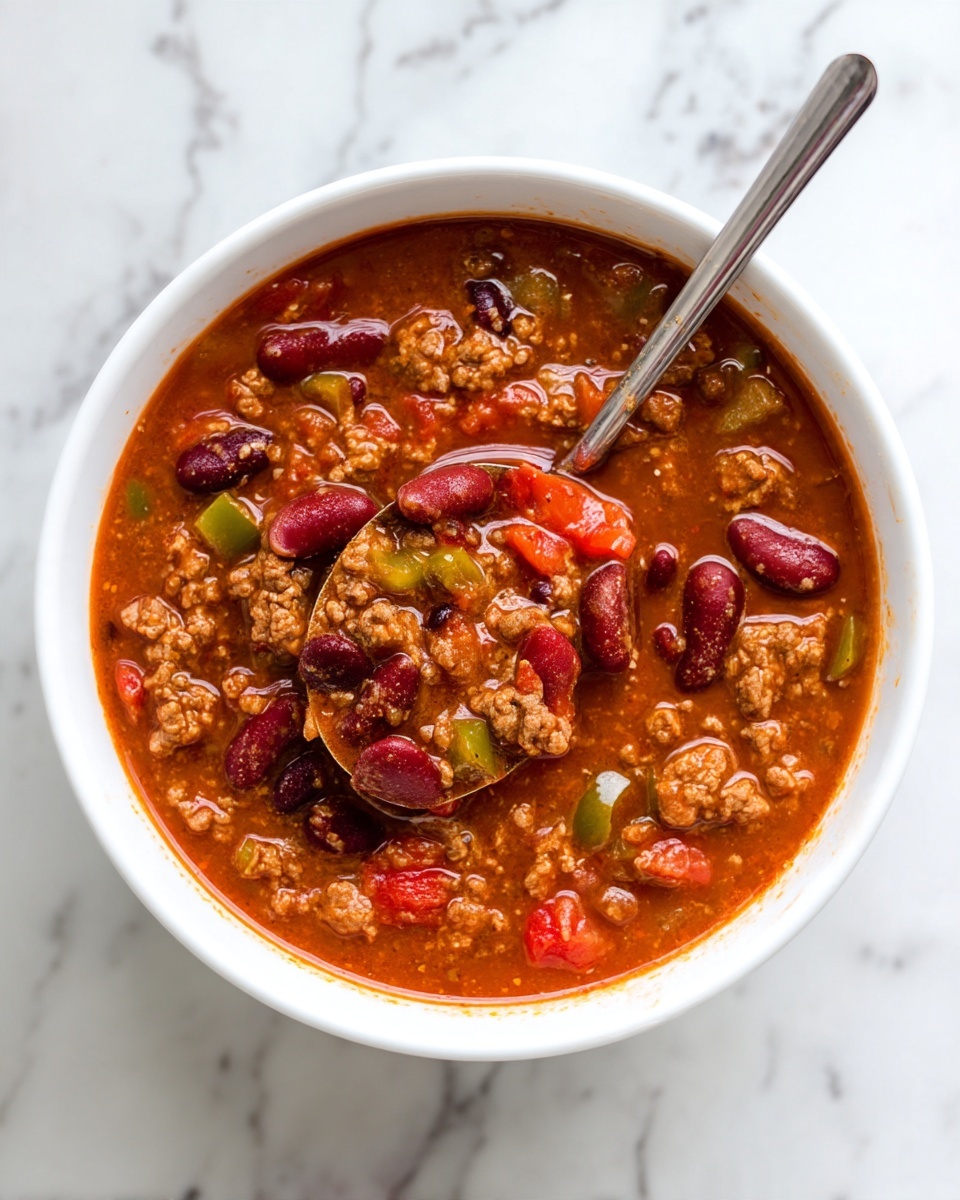 A white bowl filled with thick chili soup sits on a white marbled surface. The chili has three main layers: the top layer shows red kidney beans scattered throughout, the middle layer contains pieces of cooked ground meat with a brown color, and the bottom layer is a rich, chunky tomato sauce with small bits of green peppers and red tomatoes. A large silver ladle rests inside the chili pot with some chili on it, showing the same mix of beans, meat, and sauce. The overall color is warm with reds, browns, and bits of green. photo taken with an iphone --ar 4:5 --v 7