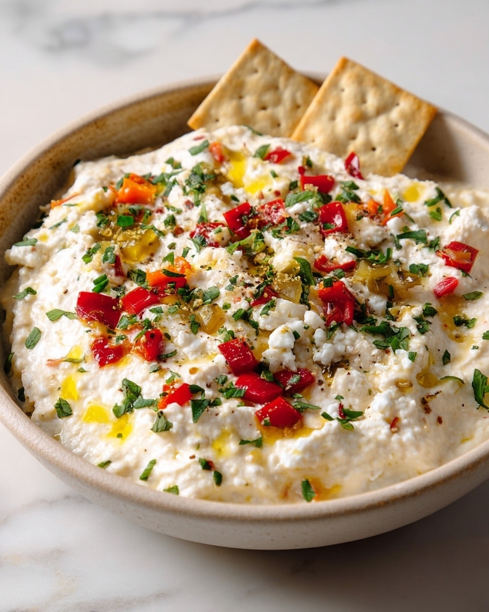 The image shows a creamy white dip served in a light beige round bowl sitting on a white marbled surface. The dip is thick and smooth with visible chunks of soft white cheese mixed inside. It is topped with small pieces of red and green peppers, finely chopped green herbs sprinkled evenly all over, and small bits of yellow seasoning oil glistening on the surface. Several square wheat crackers are partially dipped or resting on the dip edges. The texture of the dip looks soft and rich, with colorful vegetable pieces scattered on top giving it a fresh look. Photo taken with an iphone --ar 4:5 --v 7