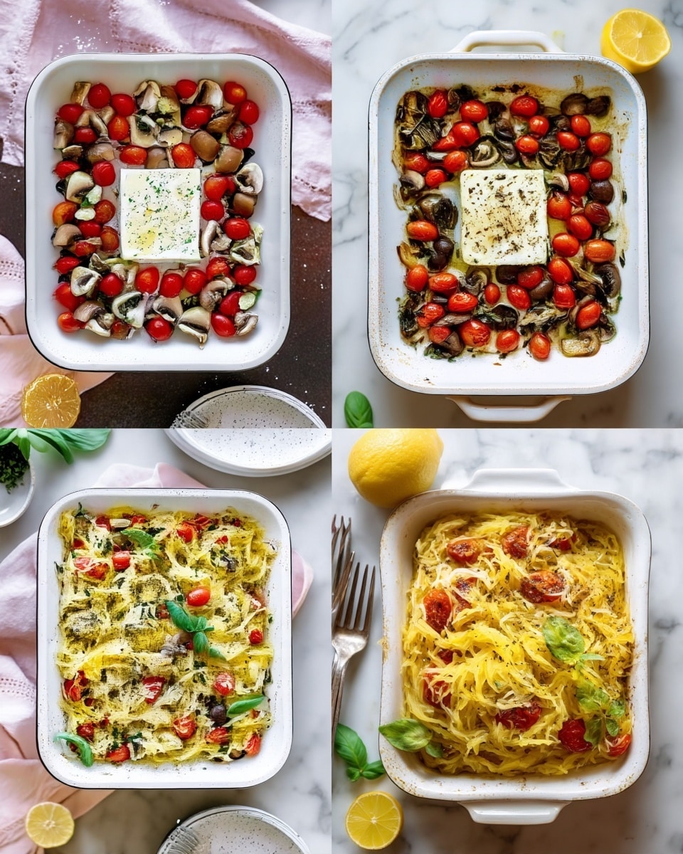 A white baking dish on a white marbled surface shows four stages of a cooked meal. The first stage has a block of white cheese in the center, surrounded by red cherry tomatoes and sliced brown mushrooms with white edges, scattered across the dish with a sprinkle of green herbs on top. In the second stage, the cheese block is slightly melted, and the tomatoes and mushrooms appear roasted and shriveled, with some brown spots. The third stage shows the dish with the cheese and vegetables mixed, creating a creamy, somewhat chunky white and brown mixture with red bits of tomato. In the fourth stage, yellow spaghetti squash strands are added and mixed well with the creamy mixture, with bright red cherry tomatoes and fresh green basil leaves on top, giving a colorful and textured look. Around the dish are a lemon half, a speckled white plate with a fork, a small bowl of herbs, and part of a pink cloth. Photo taken with an iphone --ar 4:5 --v 7