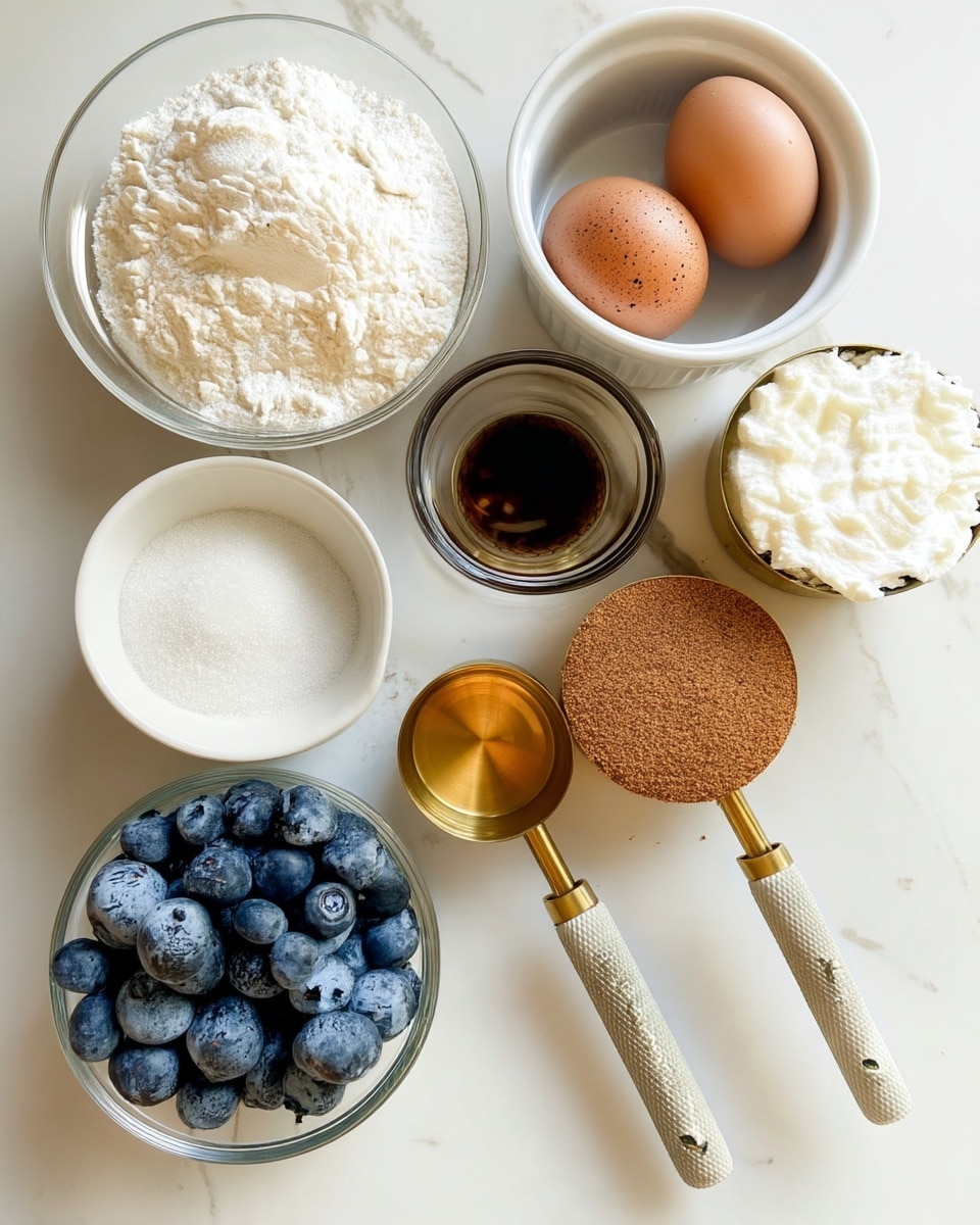 The image shows several small white bowls and one small glass bowl arranged on a white marbled surface. There is one bowl with white flour, another bowl holding two brown eggs, and a cup filled with white baking powder. A small glass bowl contains a dark brown vanilla extract. Near them are three white measuring cups with gold handles filled with light brown sugar, cottage cheese, and a small amount of cinnamon powder in a glass bowl. Lastly, a glass bowl is filled with fresh blueberries. The objects are neatly spaced and well lit, showing clear textures of ingredients. Photo taken with an iphone --ar 4:5 --v 7