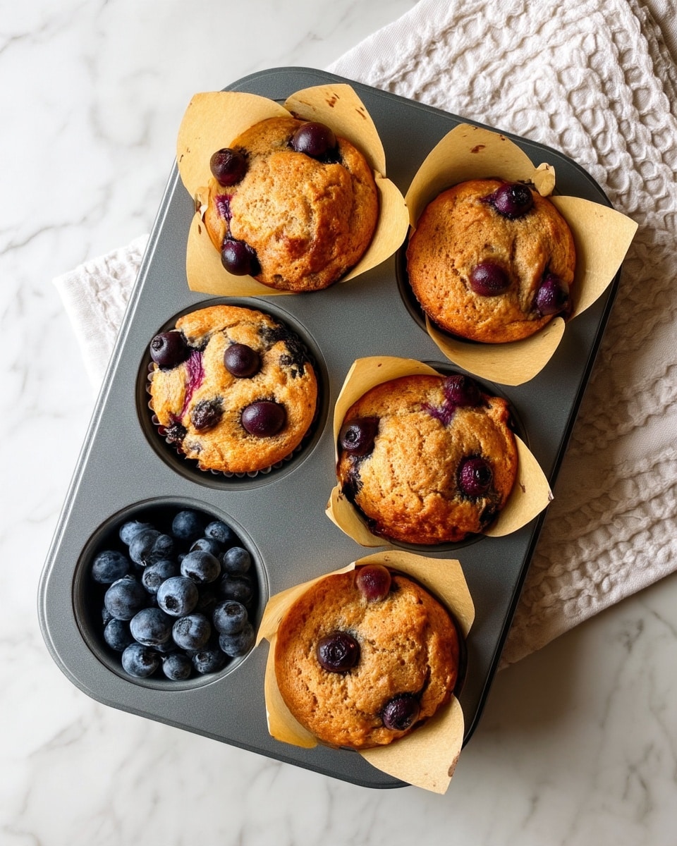 A grey muffin tray with five golden brown blueberry muffins inside the cups, lined with light tan baking paper that slightly folds outwards. Each muffin has visible dark purple blueberries baked into their tops, giving dark spots and slight cracks on the surface. One round cup in the tray holds fresh shiny blueberries, deep blue in color with a slight powdery texture. The tray sits on a white marbled surface with a textured cream cloth partially visible in the top right background. photo taken with an iphone --ar 4:5 --v 7