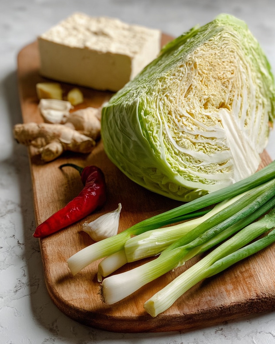 The image shows a wooden cutting board with fresh ingredients arranged on it, placed on a white marbled surface. At the center is a large wedge of cabbage with layers of tightly packed light green and cream leaves, showing a rough texture on the cut side. To the front right of the cabbage are several long green onions with white bases and green tops, their roots still attached. On the left side of the board lies a bright red chili pepper with a smooth skin, along with two small garlic cloves near the top left. A small piece of ginger root with a rough beige surface sits near the center of the board. In the background, a block of tofu with a bumpy texture is visible. Photo taken with an iphone --ar 4:5 --v 7