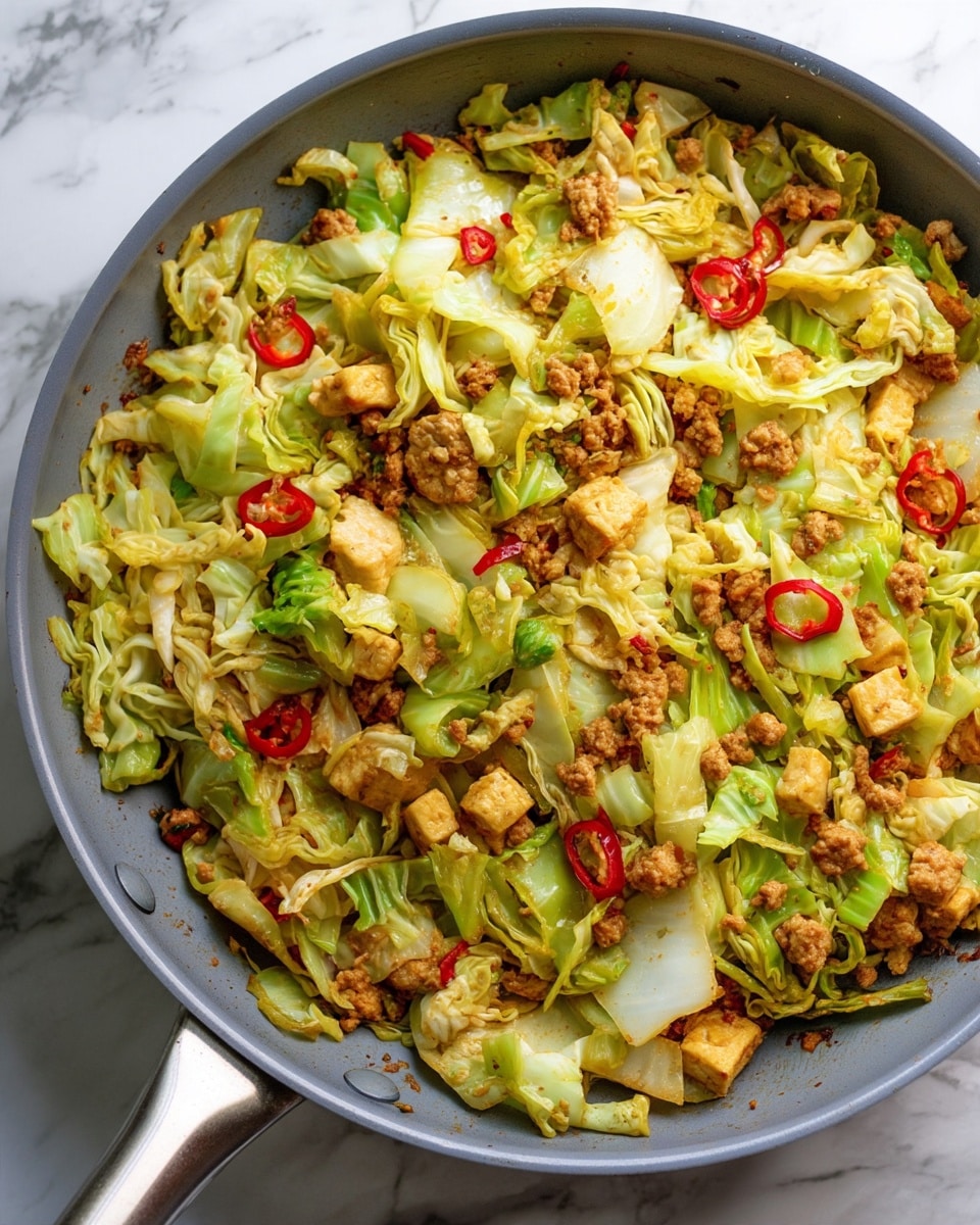 A close-up view of a frying pan filled with a stir-fry dish made of chopped light green and pale yellow cabbage pieces mixed with small golden brown chunks of tofu or a similar protein, and tiny bits of ground meat or textured pieces that are browned. Scattered thin slices of red chili pepper add small bright red accents throughout. The stir-fry looks slightly oily with some seared edges on the cabbage and protein pieces. The pan has a silver handle and sits on a white marbled surface. photo taken with an iphone --ar 4:5 --v 7