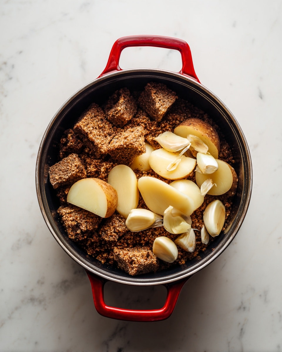 A black pot with red handles sits on a white marbled surface, filled with two layers of food: the bottom layer has rough, uneven pieces of brown bread, and the top layer has cut pieces of brown-skinned potatoes along with several whole peeled garlic cloves scattered around; the textures show the bread's coarse crumb and the smooth potato flesh. Photo taken with an iphone --ar 4:5 --v 7