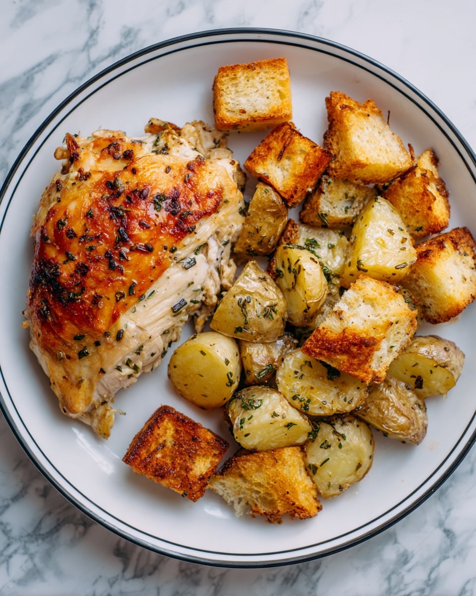 A white plate with a thin black rim holds a meal consisting of two main parts: on the left side, there is a thick, golden-brown piece of cooked chicken with herbs visible on the skin, showing a slightly crispy texture; on the right side, there are several pieces of roasted potatoes with a mix of light golden and browned skins, some with darker herb flecks, and chunks of golden-brown toasted bread scattered among the potatoes. The plate is set on a white marbled surface. Photo taken with an iphone --ar 4:5 --v 7