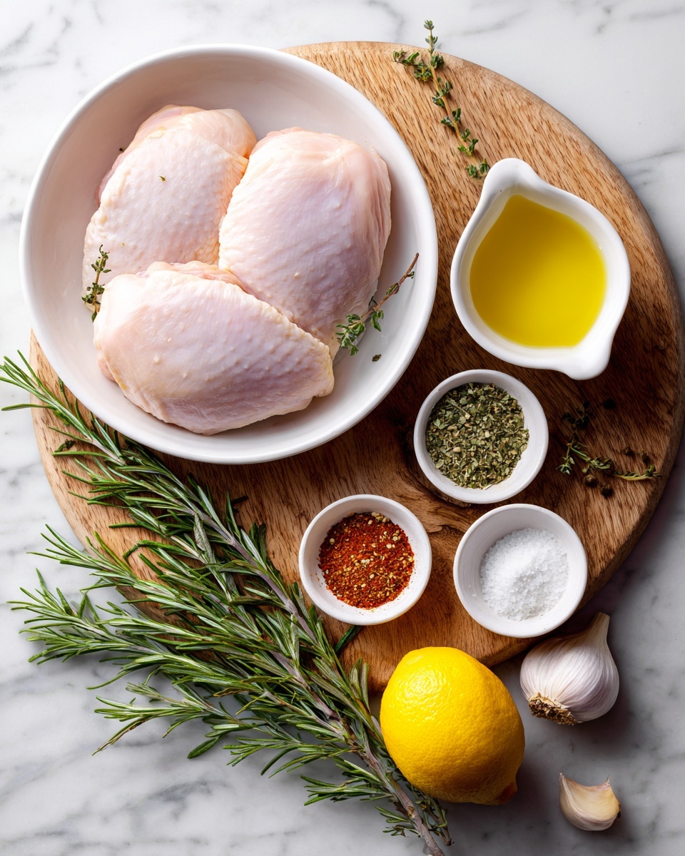 The image shows a white round bowl with three raw chicken pieces inside, placed on a wooden board. Next to the bowl is a small white cup filled with golden olive oil sitting on the wooden board. Below the board are fresh green rosemary sprigs scattered on a white marbled surface. In the center, there is a small white bowl with four different spices divided into sections: white salt, red paprika, black pepper, and green dried herbs. Below this bowl is another white cup containing yellow lemon juice. To the right of the lemon juice cup lays a whole bright yellow lemon. At the bottom on the white marbled surface, there are three cloves of garlic with their white papery skins. The whole setting is on a clean white marbled background. photo taken with an iphone --ar 4:5 --v 7