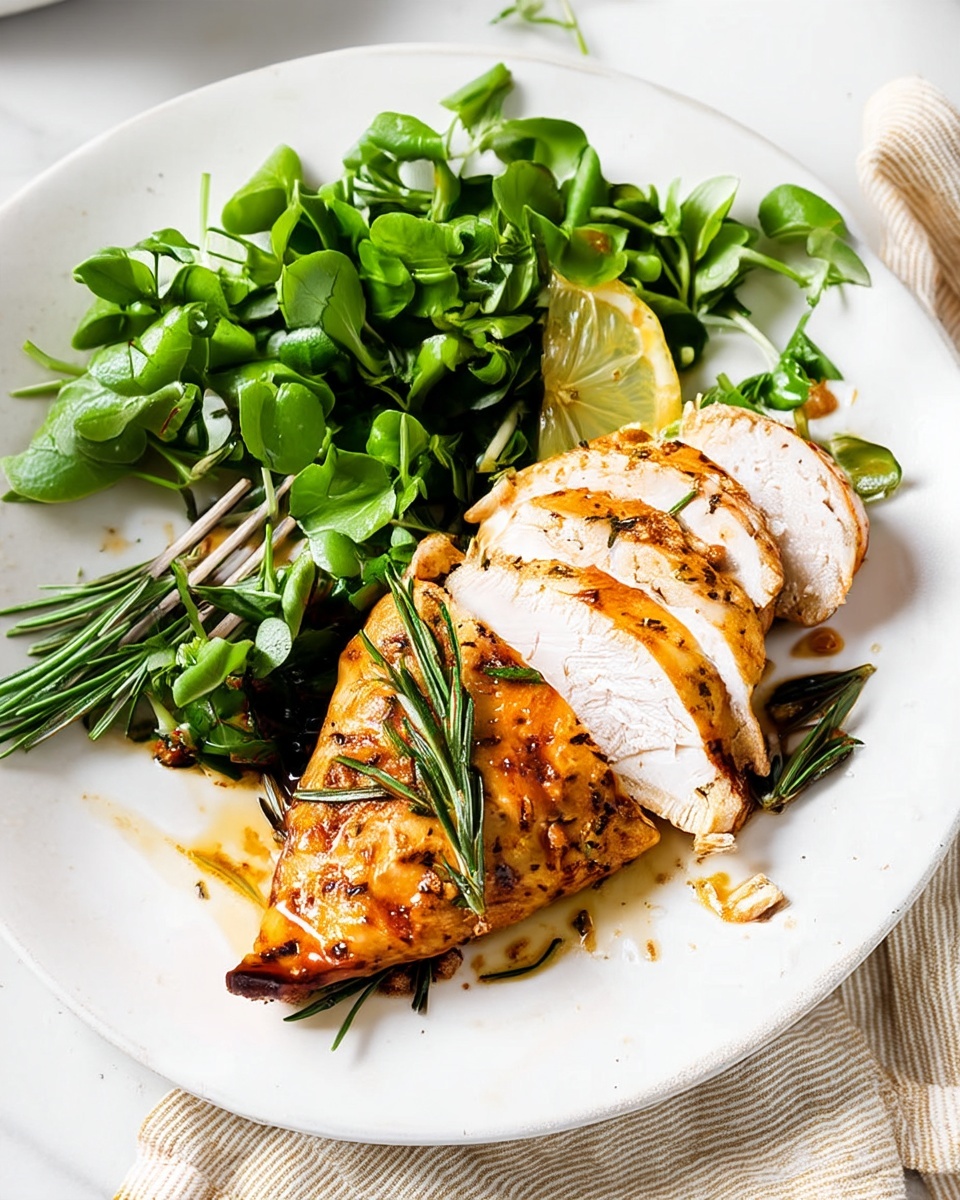 On a large white plate, there is a thick, sliced piece of cooked chicken with a golden brown, slightly shiny outer layer and visible herbs like rosemary on top and around it. The chicken is cut into four slices showing a white, tender inside. To the upper left of the chicken, there is a fresh green watercress salad with small leaves and stems, and a thin lemon slice is placed between the chicken and the greens. The plate sits on a white marbled surface with part of a beige-striped cloth visible on the side. The scene looks clean and fresh. photo taken with an iphone --ar 4:5 --v 7
