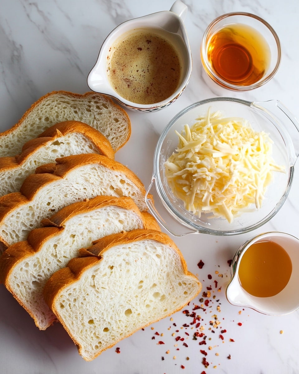 The image shows four slices of white bread with a golden brown crust stacked on the left side on a white marbled surface. To the right of the bread, there are two clear glass bowls: the top one filled with white, crumbly cheese, and the bottom one filled with shredded pale yellow cheese over a layer of butter. Above the bowls, a small white cup with a spout holds a light brown liquid with a frothy texture. To the right of the cheese bowl, another small white cup with a spout contains a golden amber liquid. Red chili flakes are scattered around the cups on the white marbled surface. Photo taken with an iphone --ar 4:5 --v 7