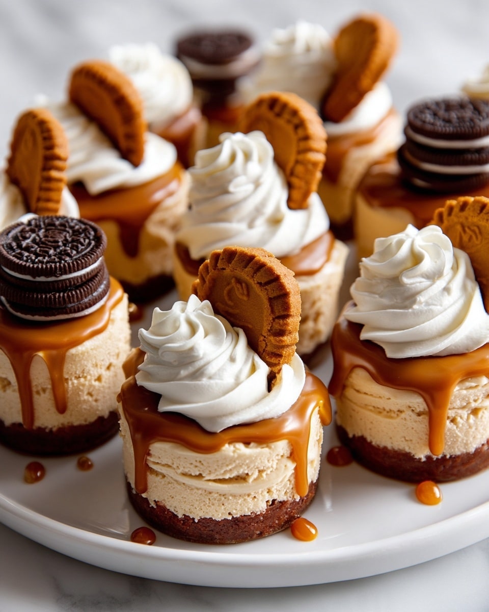 The image shows mini cheesecakes arranged closely on a white plate, placed on a white marbled surface. Each cheesecake has three layers: a dark brown crust at the bottom, a thick creamy beige cheesecake layer in the middle, and a shiny caramel layer on top that drips slightly down the sides. Some of the cheesecakes are topped with a swirl of white whipped cream, while others have only the caramel layer visible. Several cheesecakes have a small, round cookie inserted into the whipped cream or resting on the caramel. The colors include dark brown, creamy beige, light caramel brown, and bright white, with clear texture contrast between smooth caramel, creamy filling, and soft whipped cream. Photo taken with an iphone --ar 4:5 --v 7