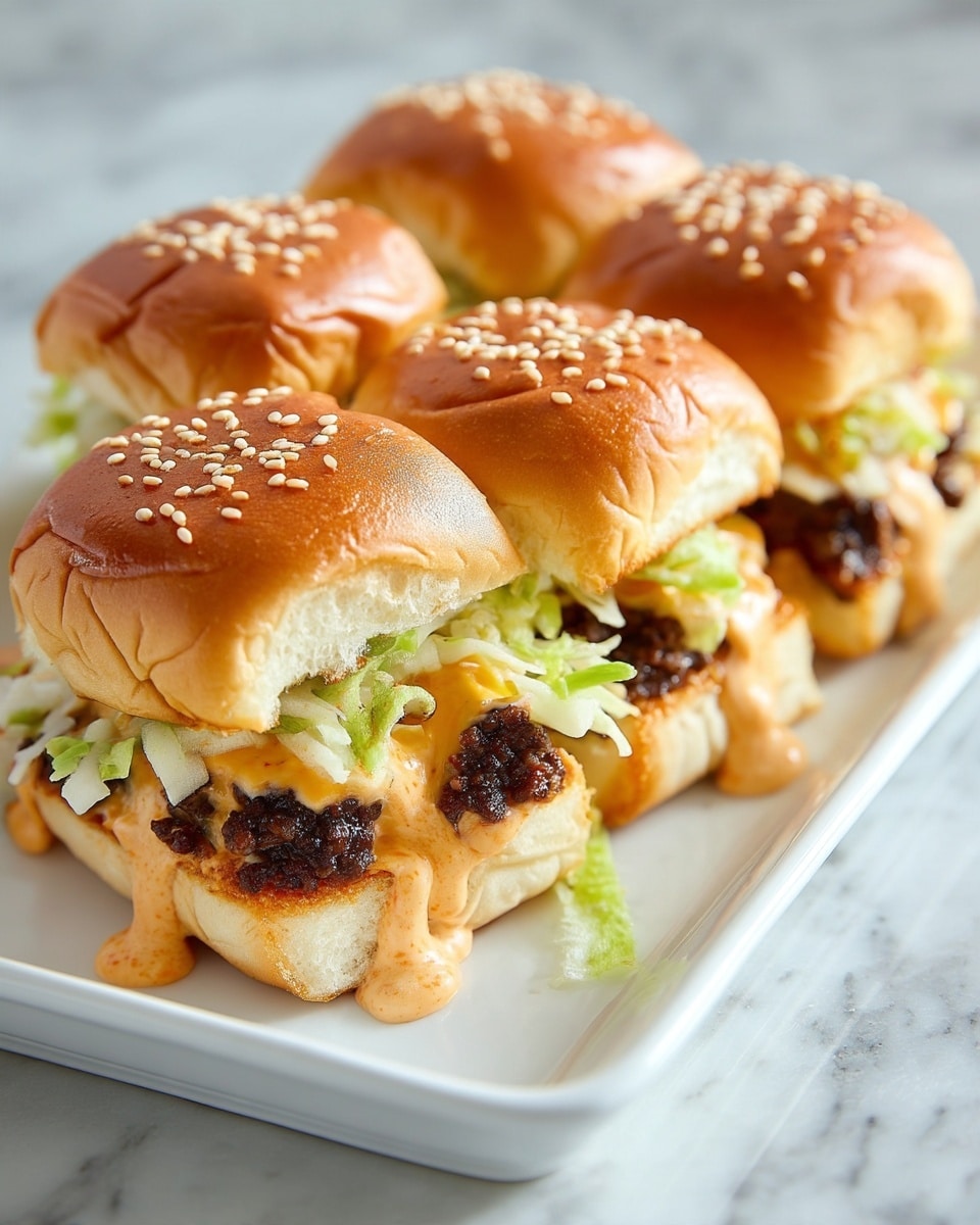 The image shows a sandwich made of four golden brown buns topped with sesame seeds, placed close together on a white rectangular plate. Each sandwich has a bottom bun layer that looks soft and slightly shiny, followed by a dark brown cooked meat layer. On top of the meat, there is a layer of light green shredded lettuce, and some creamy light orange sauce is dripping from the sandwich edges. The sandwiches are sitting on a white marbled surface. photo taken with an iphone --ar 4:5 --v 7