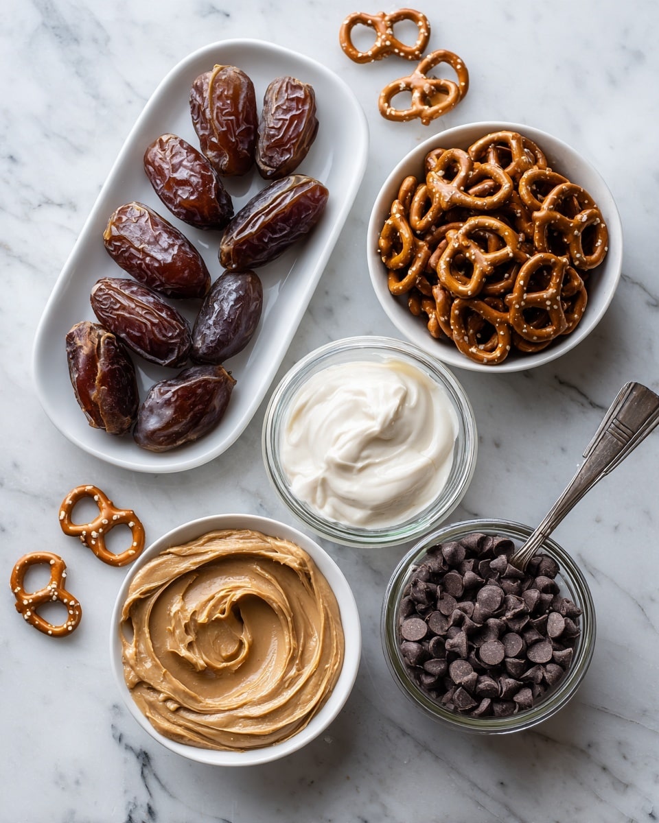 The image shows four white dishes and a jar arranged on a white marbled surface. On the left, there is a white oval plate filled with three clusters of dates, some whole and some split open, revealing their soft inner texture. To the right, a white round dish is filled with neat piles of shiny brown mini pretzels. Below the pretzels, a glass bowl is full of dark chocolate chips, smooth and small. Next to the chocolate chips, a silver spoon holds a scoop of white coconut oil. In the center bottom, a white round bowl contains a smooth, creamy layer of light brown peanut butter with slight swirls on the surface. Below that bowl, a jar is partially open, showing more peanut butter inside. Scattered around the dishes are a few mini pretzels and some chocolate chips. photo taken with an iphone --ar 4:5 --v 7