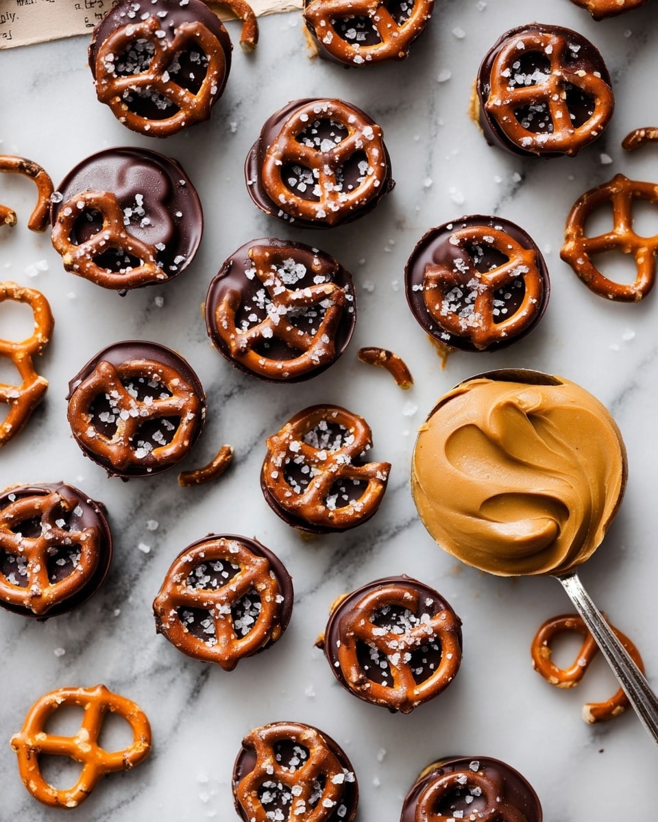 The image shows small round treats made with pretzels covered in dark chocolate, each topped with a sprinkle of coarse sea salt. They are arranged over printed paper on a white marbled surface. Some whole pretzels and a few broken pretzel pieces are scattered around the treats. In the lower right corner, a spoon holds a smooth scoop of creamy peanut butter. The dark chocolate has a glossy finish with the pretzel shapes clearly visible underneath. photo taken with an iphone --ar 4:5 --v 7