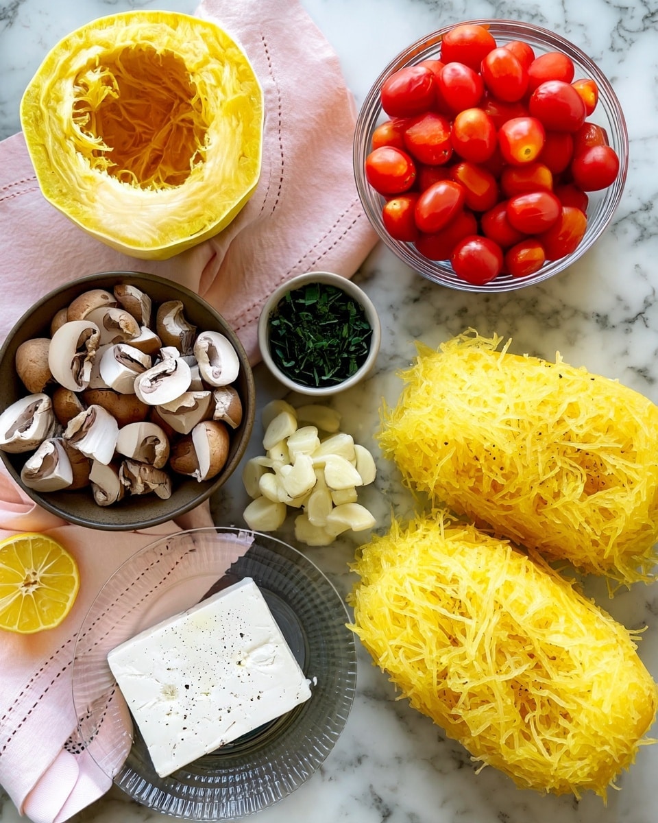 The image shows ingredients for a recipe arranged on a surface with a white marbled texture. Two halves of yellow spaghetti squash with stringy interiors are placed diagonally from each other. A clear glass bowl filled with bright red cherry tomatoes is on the upper right side. Beside it, a small white bowl holds chopped green herbs. A smaller clear glass bowl contains several peeled garlic cloves. A dark bowl filled with quartered brown mushrooms is on the left side. Near the bottom left corner, a halved lemon with a bright yellow inside rests on a pale pink cloth. Below it, a clear glass plate holds a rectangular block of white cheese with some black pepper sprinkled on top. The scene looks fresh and colorful, arranged neatly on the white marbled texture. Photo taken with an iphone --ar 4:5 --v 7