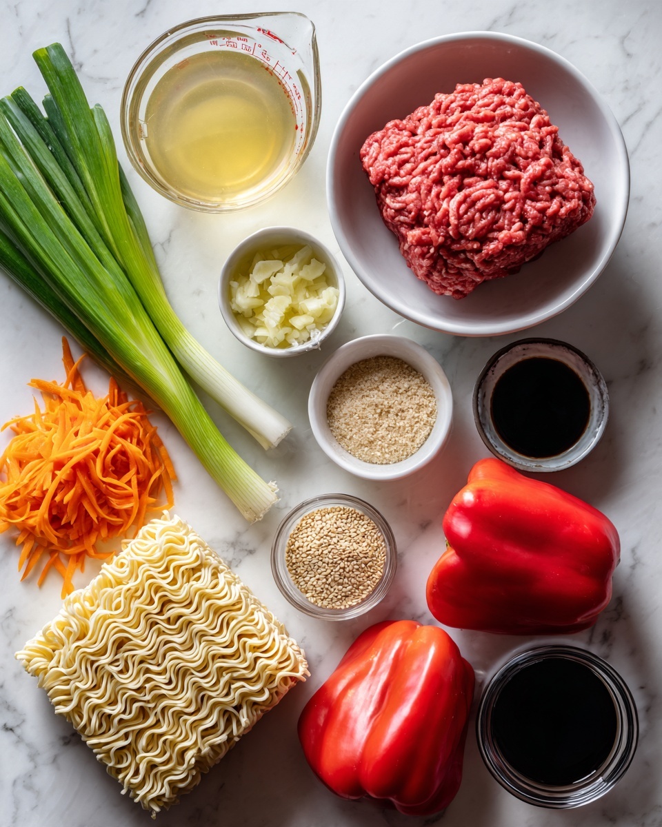 The image shows several fresh cooking ingredients arranged neatly on a white marbled surface. In the center, there is a white bowl holding a chunk of raw ground beef with a pinkish-red color and a slightly rough texture. Near it, a clear glass measuring cup contains a light yellow chicken stock. Below the beef, there is a square block of dry ramen noodles with a wavy texture and pale yellow color. To the left, bright green scallions with white bulbs extend across the surface next to a small pile of finely shredded orange carrots. A small white dish holds minced pale yellow garlic, while another small white bowl contains light brown granulated brown sugar. A small jar filled with light tan sesame seeds is placed near two whole glossy red bell peppers sitting on the right side. A small black dish filled with dark soy sauce sits next to the carrots. The whole arrangement looks clean and colorful with a mix of fresh and dry ingredients ready for cooking, photo taken with an iphone --ar 4:5 --v 7