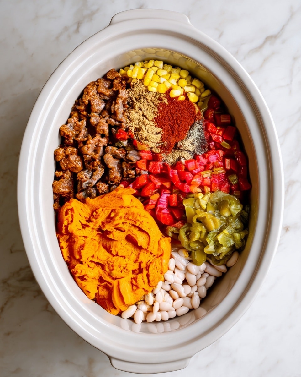 The image shows a white oval slow cooker filled with seven colorful layers of ingredients arranged side by side. Starting from the top left, there is browned ground meat with a crumbly texture, next to bright yellow corn kernels. Below the corn, there is a mound of fine light brown spice powder, followed by a pile of red chili powder. Below the spices, there is a section of small diced red tomatoes, next to green chopped pickled jalapeños. At the bottom, there is a layer of white beans and a large pile of mashed orange pumpkin or sweet potato with a smooth texture. The cooker sits on a white marbled surface. The photograph is taken with an iphone --ar 4:5 --v 7