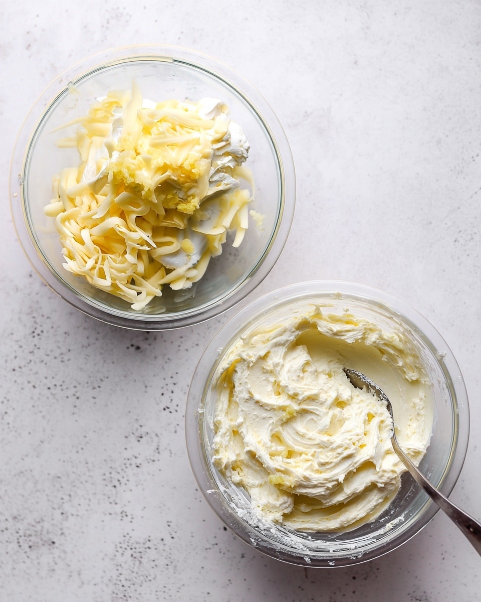 The image shows two clear glass bowls placed side by side on a white marbled surface. The bowl on the left has three layers: a bottom layer of thick white cream, a middle layer of shredded pale yellow cheese scattered unevenly, and on top some small bits of light yellow garlic spread over the cheese. The bowl on the right holds a single thick creamy white mix with a rough texture, slightly whipped and spread unevenly, with a metal spoon partially submerged on the right side of the bowl. The overall look is fresh and lightly textured, with soft whites and pale yellow tones. photo taken with an iphone --ar 4:5 --v 7