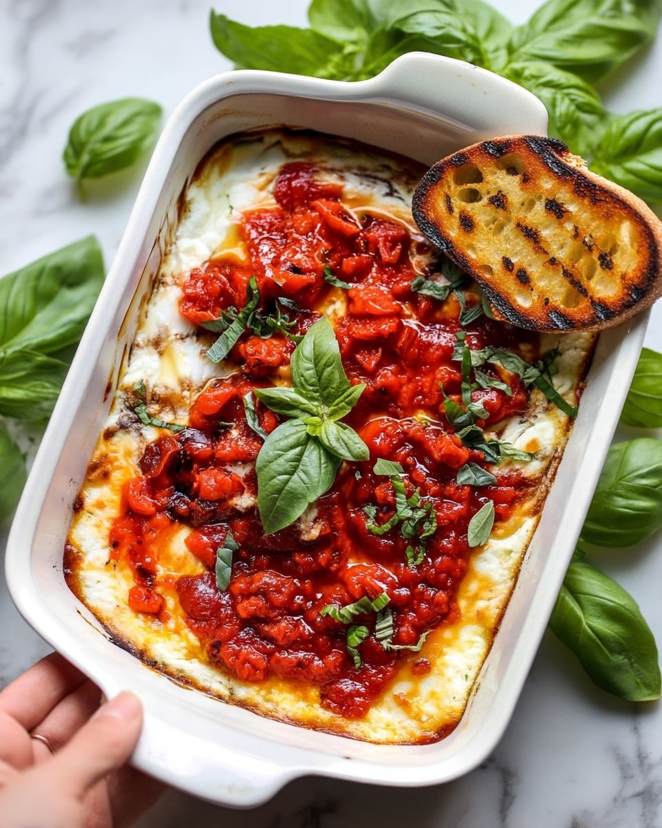 The image shows a white rectangular baking dish filled with a baked cheese dip. The bottom layer is creamy white cheese that looks soft and slightly browned at the edges. On top, there is a chunky red tomato sauce with visible tomato pieces spread unevenly. Fresh green basil leaves, some whole and some sliced, are scattered over the tomato sauce. Two toasted bread slices with grill marks rest on the cheese layer, partially covered with some cheese and tomato. The dish is placed on a white marbled surface with fresh basil leaves nearby, and a woman's hand is gently holding one of the bread slices. Photo taken with an iphone --ar 4:5 --v 7