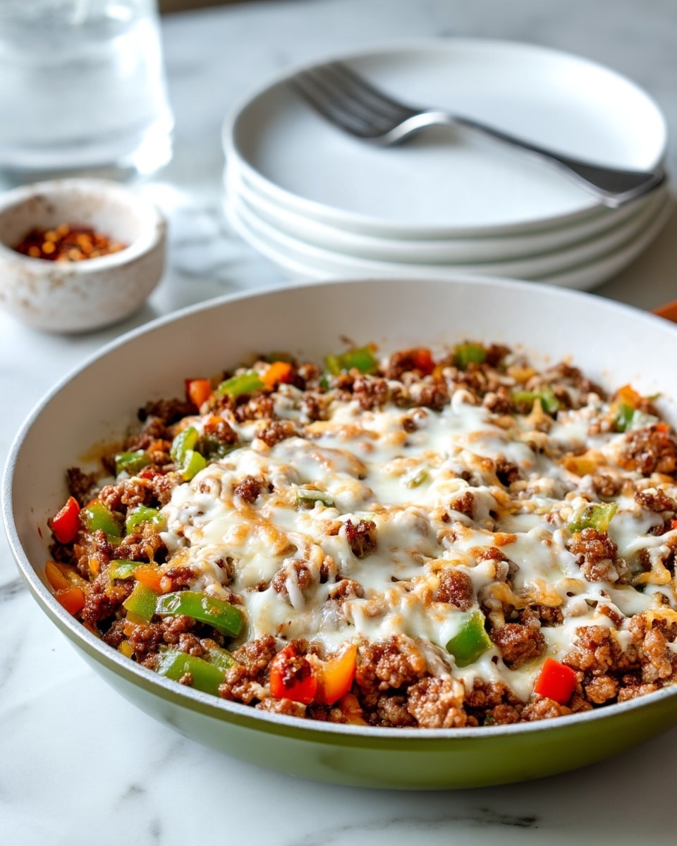 A white pan filled with a cooked mix of browned ground meat and small pieces of green and orange bell peppers, topped with melted white cheese spread evenly across the surface. The green pan rests on a white marbled textured surface with a small white bowl containing chili flakes in the blurred background, along with a stack of white plates and a silver fork nearby, photo taken with an iphone --ar 4:5 --v 7
