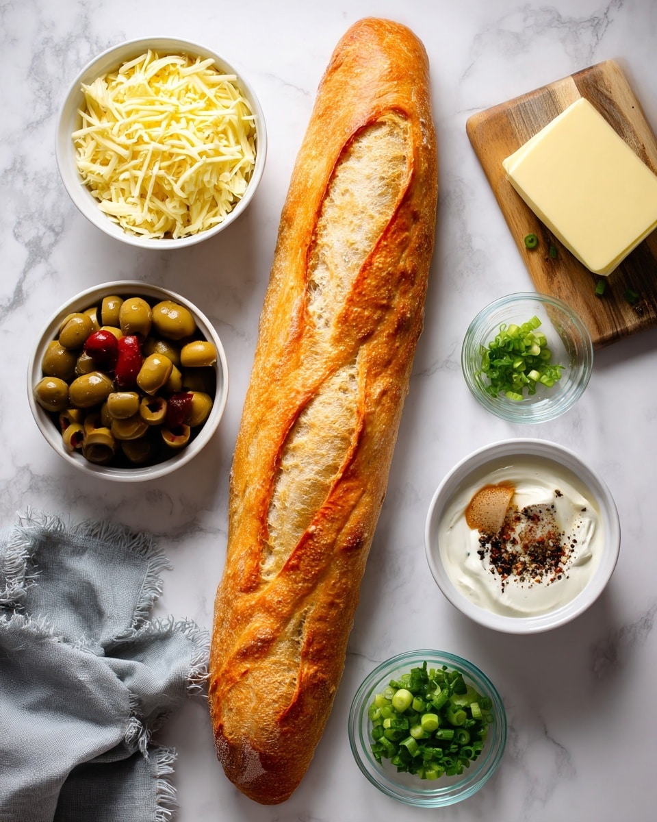 A long, crusty baguette with a golden brown crust lies on a white marbled surface next to several small white bowls arranged around it. One bowl is filled with shredded pale yellow cheese, another with green olives stuffed with red pimentos, and a third with sliced black olives. A small white bowl holds a creamy white sauce topped with a mix of black pepper, brown spices, and herbs. Nearby, a clear glass bowl contains a block of butter, while a wooden cutting board holds chopped green onions scattered around. A folded grey cloth is placed on the white marbled surface beside the baguette. photo taken with an iphone --ar 4:5 --v 7