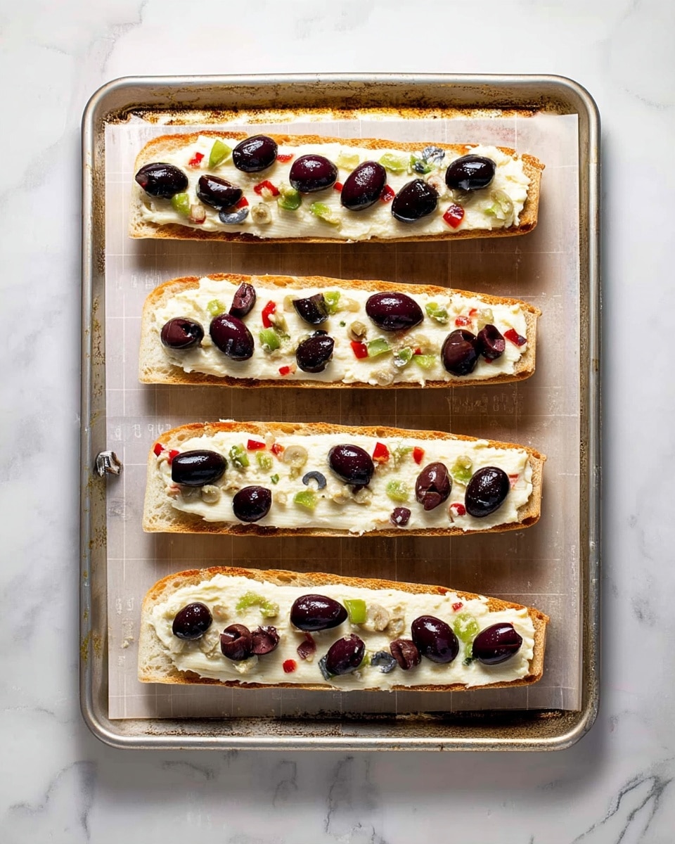 The image shows four long slices of toasted bread placed on a baking sheet lined with parchment paper on top of a white marbled surface. Each slice has a thick layer of creamy white cheese spread evenly across the top. Scattered over the cheese are slices of black and green olives, some with small pieces of red pepper inside, giving a mix of dark purple, green, and red colors that contrast against the white cheese. The bread looks lightly golden and crispy on the edges. The slices are arranged neatly, with one whole slice at the top and three rectangular slices below it. Photo taken with an iphone --ar 4:5 --v 7