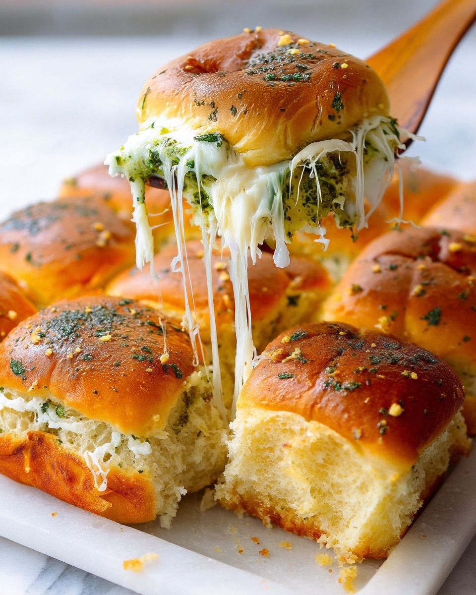 A group of soft golden brown sliders with a shiny top sprinkled with green herbs rest closely together on a white marbled surface. One slider is being lifted by a wooden spatula, showing melted white cheese stretching from the slider to the tray below. Inside the slider, there is a green pesto sauce and a light filling visible under the cheese. The sliders are square and fluffy, with light crumbs on the surface and a fresh baked look. Photo taken with an iphone --ar 4:5 --v 7