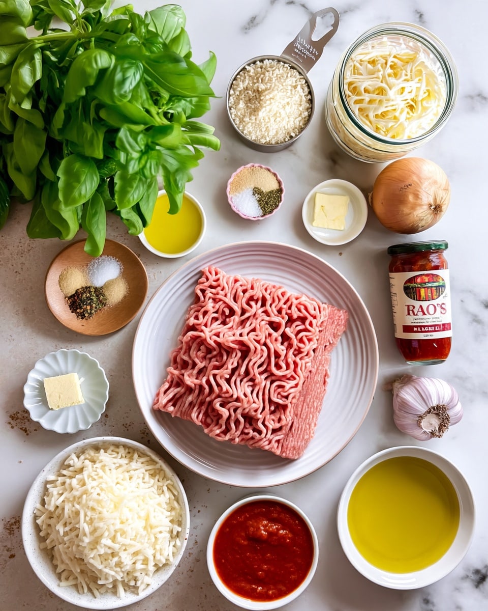 The image shows various ingredients arranged neatly on a white marbled surface. At the bottom center is a white plate with a large portion of light pink ground meat with a wavy texture. Above it, slightly to the left, is a bunch of fresh green basil leaves. To the top right of the basil is a glass jar filled with shredded white cheese, next to it on the right is a small metal cup full of light beige breadcrumbs. Below the jar is a white bowl filled with grated white cheese, beside it is a whole light brown onion. Near the onion, there is a head of garlic with some cloves partially peeled. To the left of the garlic are two small dishes with seasonings: one pale wood dish with salt, dried herbs, and light brown spices, and another small pink dish with salt and dried green herbs. Below these dishes is a small white bowl with a cube of butter, and to its left, a white bowl filled with golden yellow olive oil. On the far right is a glass jar of red marinara sauce with a green lid and a colorful label. photo taken with an iphone --ar 4:5 --v 7
