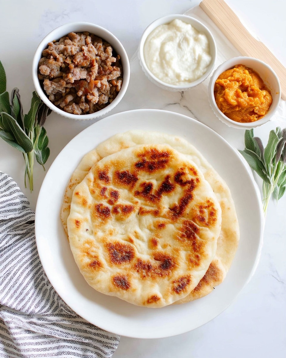 The image shows a white plate with a round, lightly browned flatbread on a white marbled surface. Next to it, there are three small white bowls: one filled with cooked minced meat with a brown texture, another with a creamy white sauce, and the third with an orange mashed mixture. A small wooden board with green herbs rests near the bowls. A striped cloth is partially visible at the corner. Photo taken with an iphone --ar 4:5 --v 7