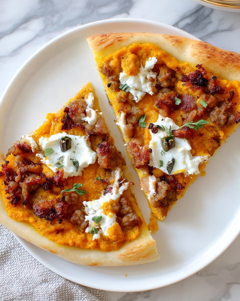 Two slices of pizza rest on a white plate, placed on a white marbled surface. Each slice has a base layer of light golden-brown crust that looks soft and slightly thick around the edges. On top of the crust, there is a bright orange spread that covers most of the pizza surface, topped with browned bits of cooked sausage scattered evenly. There are dollops of white creamy cheese on top, mixed with small green herb leaves. The textures show a mix of soft creaminess and crumbly cooked sausage, with some crispy browned spots on the toppings. photo taken with an iphone --ar 4:5 --v 7