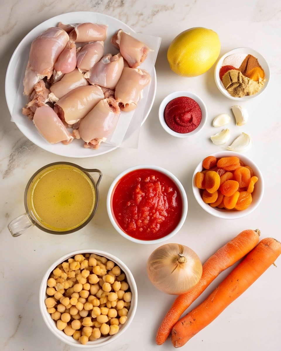 A white plate with pale raw chicken pieces placed on the top left side of a white marbled surface. To the right of the plate, there is a yellow lemon and a small white bowl with various ground spices in different shades of brown, red, and yellow. Below the lemon and spices are four white garlic cloves. On the left side, a clear measuring cup filled with a clear, light yellow broth is situated above a white bowl filled with bright red tomato sauce. To the right of the tomato sauce bowl is another white bowl with dried orange apricots. Below the tomato sauce is a white bowl filled with round, golden chickpeas. At the bottom right, two vibrant orange carrots and a tan onion lie on the white marbled surface. Photo taken with an iphone --ar 4:5 --v 7