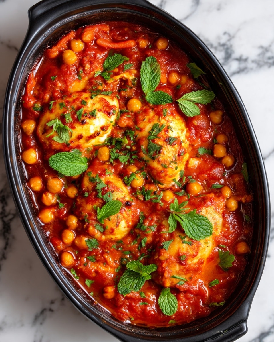 A black oval dish holds a rich, thick tomato stew with soft orange chickpeas spread evenly throughout. Large, tender pieces of cooked chicken sit partially covered in the red tomato sauce, showing a lightly browned surface. Bright green small mint and parsley leaves are scattered on top, adding a fresh contrast to the warm red and orange colors. The dish is placed on a white marbled surface. Photo taken with an iphone --ar 4:5 --v 7