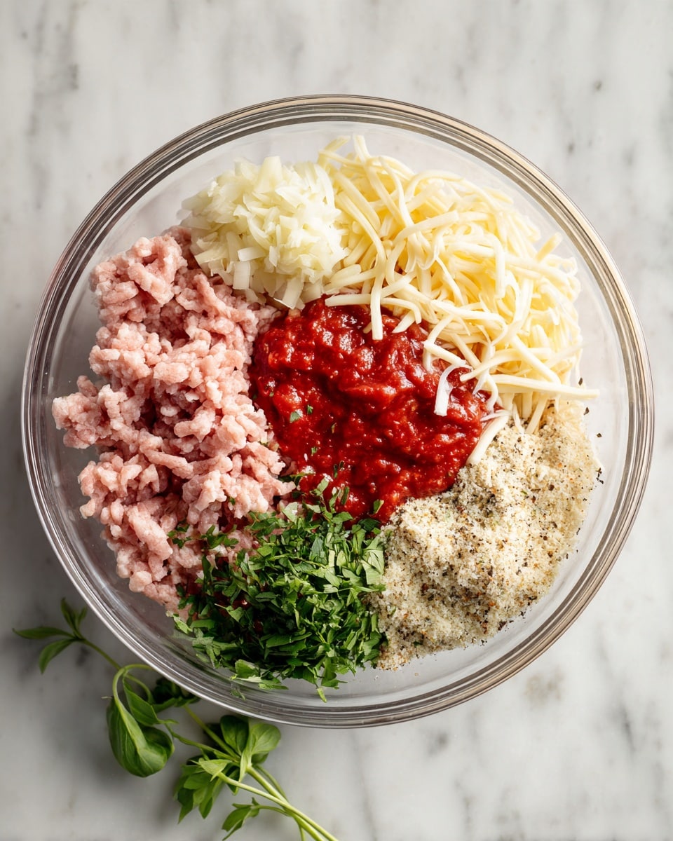 A clear glass bowl on a white marbled surface holds six separate layers of ingredients. The bottom left layer is pale pink ground meat with a soft, squiggly texture. Directly above it is a small heap of finely chopped pale yellow garlic. Next to the garlic on the top right is a light yellow shredded cheese with thin, curly strands. Below the cheese is a bright red patch of thick sauce. Under the sauce at the bottom right is a beige layer of fine crumbs mixed with black pepper specks. Finally, in the bottom center is a pile of fresh, chopped green herbs. A sprig of green herbs lies on the marbled surface near the bowl. photo taken with an iphone --ar 4:5 --v 7