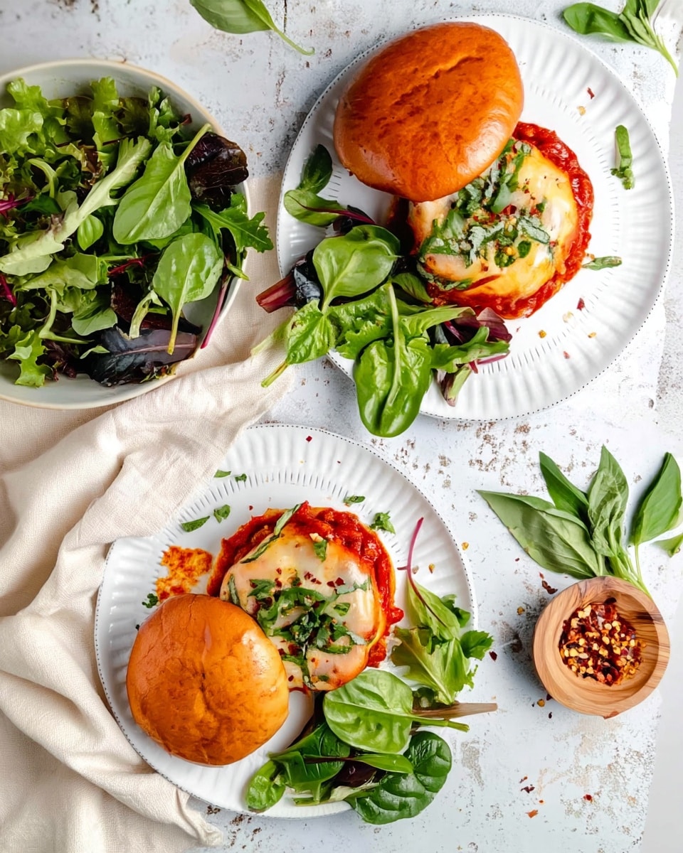 Two white plates each hold a sandwich with three visible layers: a golden-brown shiny top bun, a round layer of melted white cheese topped with chopped green herbs and red pepper flakes, and a thick red tomato sauce base. The bottom bun is under the sauce but mostly covered by fresh green leafy mixed salad placed beside the sandwich on each plate. The plates sit on a white marbled surface scattered with torn basil leaves and chili flakes. To the left is a white bowl full of mixed green leaves, and on the right is a small wooden bowl with red pepper flakes. A beige cloth is casually placed near the bowl. Photo taken with an iphone --ar 4:5 --v 7