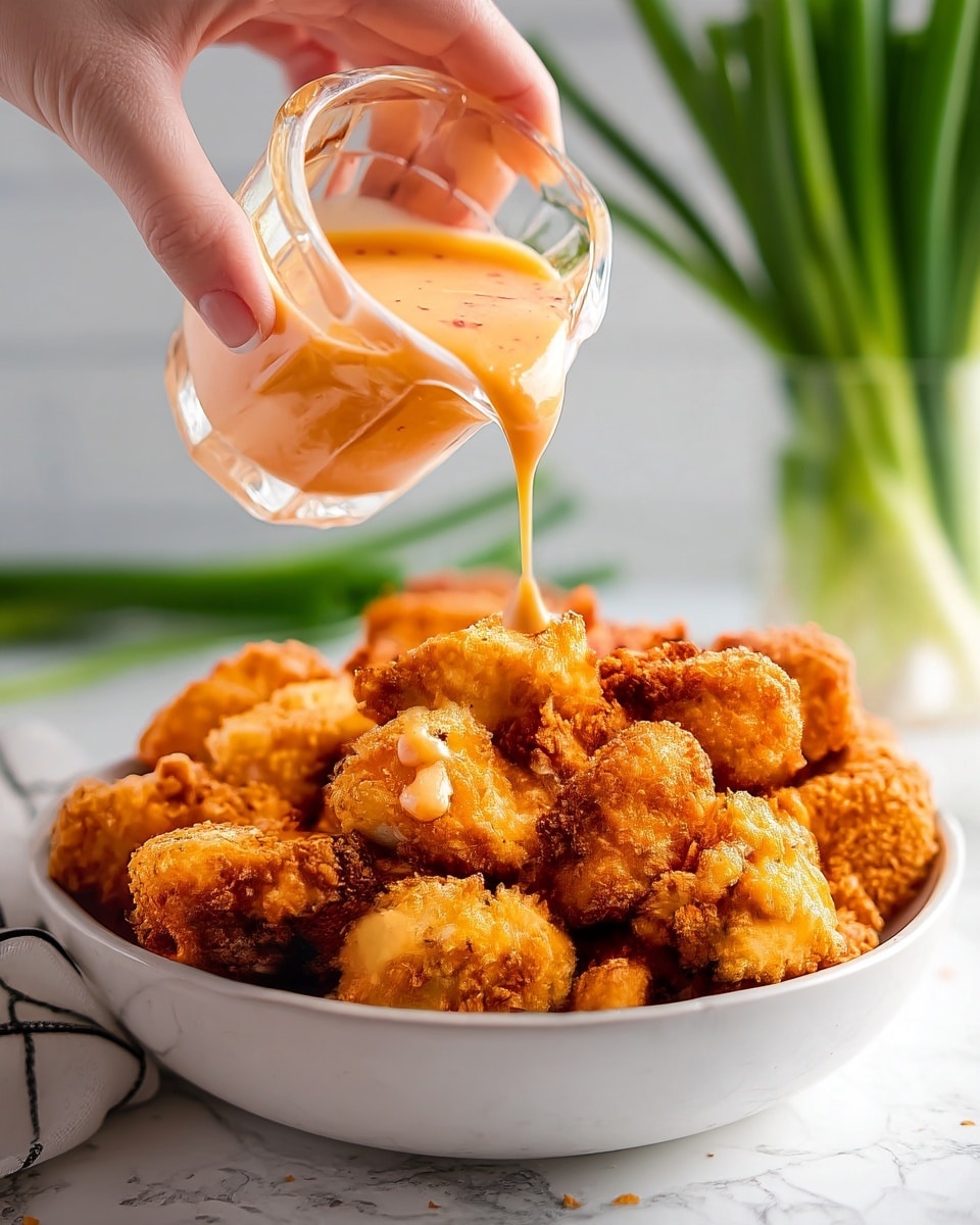 A white bowl full of golden brown, crispy fried chicken bites with a crunchy texture, piled up in layers. A woman's hand is holding a small glass container, pouring light orange creamy sauce over the top of the chicken bites. The background features a white marbled surface with a soft focus of green onion stalks. The lighting is bright and natural, highlighting the crispiness and warmth of the dish. photo taken with an iphone --ar 4:5 --v 7