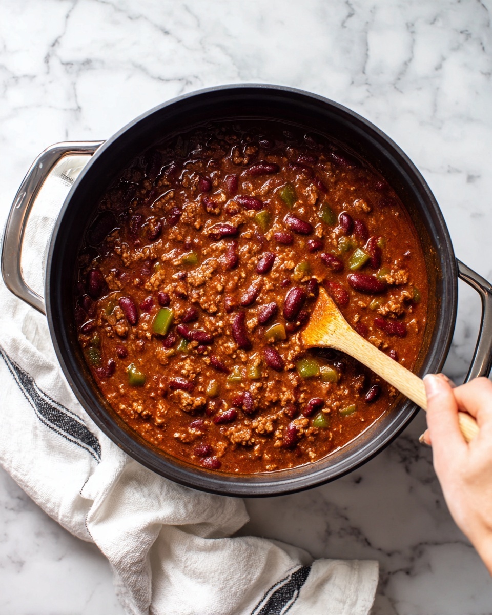 The image shows a black pot filled with thick chili made of red kidney beans, ground meat, and green bell peppers in a rich brown sauce. On the left side of the pot, a woman's hand is holding a wooden spoon stirring the chili, with baking soda visibly added to the mixture, creating a slightly foamy texture. On the right side, the chili has been stirred, with the baking soda bubbles mostly gone, showing a smooth surface with evenly mixed ingredients. The pot is placed on a white marbled surface with a white towel featuring black stripes nearby. Photo taken with an iphone --ar 4:5 --v 7