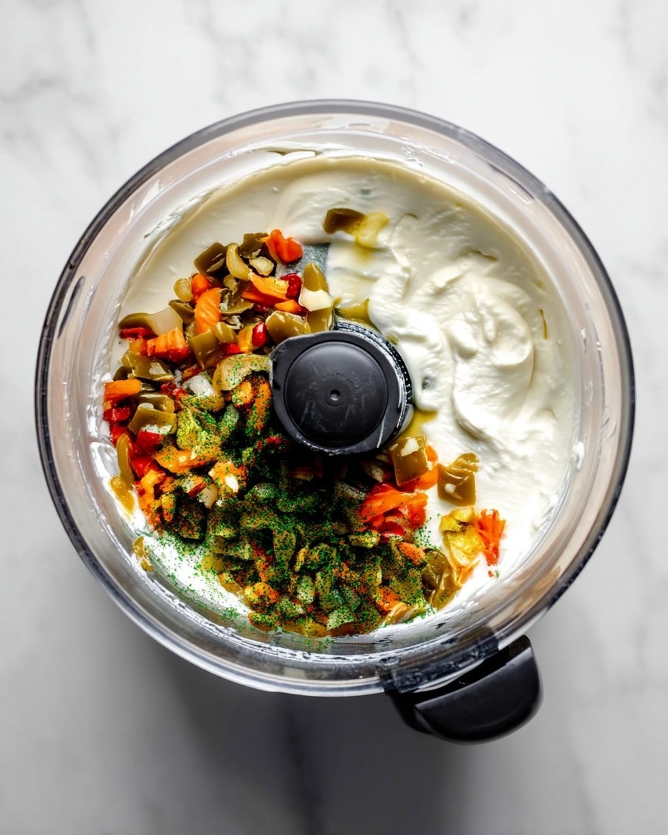 A clear food processor bowl with a creamy white mixture spread around the edges inside. On top of this creamy layer, there is a colorful mix of small chopped pieces in green, orange, and red, sitting mostly on one side. The food processor's black center blade is visible in the middle. The bowl is placed on a white marbled surface. photo taken with an iphone --ar 4:5 --v 7