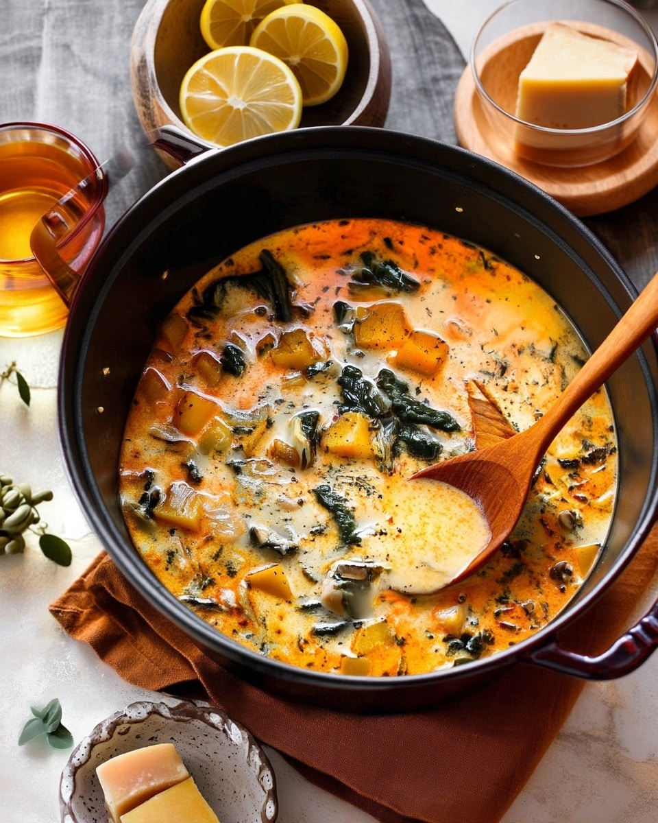 A large black pot filled with a creamy soup showing two main layers: an orange creamy broth and scattered dark green leafy pieces floating on top with visible chunks of orange vegetables, likely squash, and small bits of light-colored mushrooms. The pot is on a brown cloth with a white marbled surface below. Nearby, there is a small white bowl with a thick slice of light brown cheese, a wooden bowl with lemon slices, and a glass of amber liquid. A wooden spoon rests inside the pot, stirring the soup. photo taken with an iphone --ar 4:5 --v 7