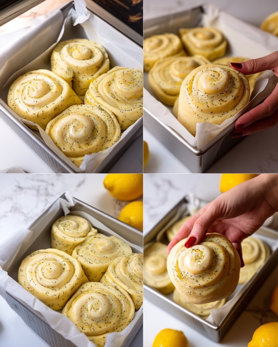 The image shows four shots of dough rolled in spiral shapes arranged closely in a white square baking pan lined with parchment paper. The dough is pale yellow with small black specks evenly spread throughout, giving it a textured look. One shot shows a woman's hand placing the pan inside a stainless steel oven with black interior racks. The dough spirals are thick with smooth edges and a soft, slightly shiny surface, indicating they have been brushed with a liquid. The white marbled surface background has yellow lemons placed around the pans, adding a pop of color. Photo taken with an iphone --ar 4:5 --v 7