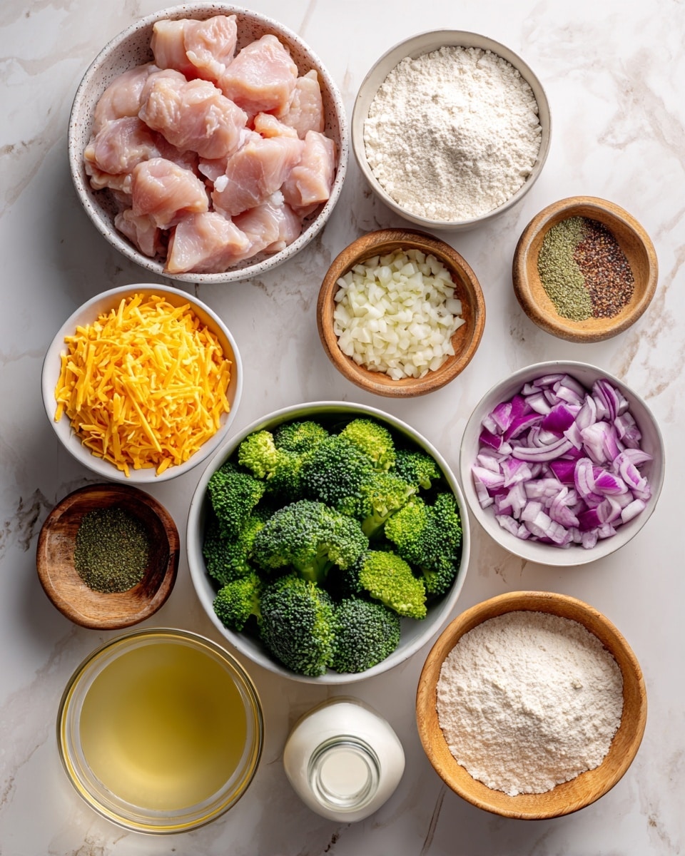 The image shows several bowls and a small bottle arranged on a white marbled surface, each filled with different cooking ingredients. In the center, there is a medium-sized bowl with raw chicken pieces in soft pink color. Below it, a larger bowl holds bright green broccoli florets. To the right of the chicken, a small bowl contains finely chopped red onion, showing shades of light purple and white. Above the onion, another small bowl has small minced white garlic pieces. To the upper right, a medium bowl is filled with white flour, showing a soft powder texture. Next to it, a smaller bowl holds a mix of three spices in green, black, and white powder forms. To the left of the chicken, a small white bowl is filled with vibrant orange shredded cheddar cheese with a fluffy texture. Above the cheese, a medium wooden bowl contains uncooked pale beige quinoa grains. To the bottom left, a glass bowl is filled with a light yellow clear broth. To the bottom right corner, a small glass bottle contains white milk. Everything is arranged clearly and neatly on the white marbled surface, showing fresh, raw ingredients for cooking photo taken with an iphone --ar 4:5 --v 7