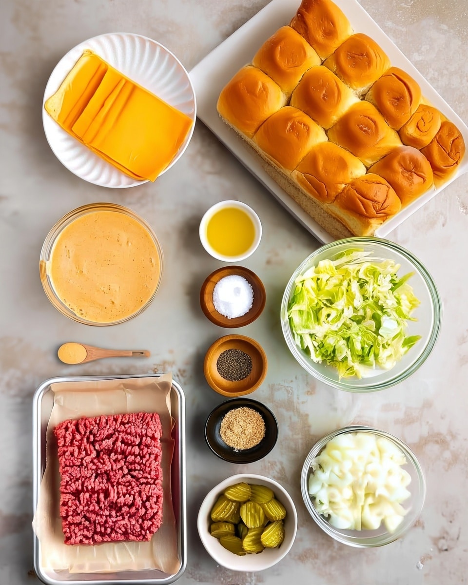 The image shows neatly arranged ingredients on a white marbled surface. There is a square of 9 soft dinner rolls with a golden brown top in a white tray at the top right. To the left, a white plate holds several thin slices of bright orange cheddar cheese. Below the cheese, there is a round glass bowl filled with an orange creamy sauce and a small wooden spoon beside it. A small white bowl next to the sauce holds a yellow liquid, likely oil. In the center, three small wooden bowls contain salt, black pepper, and a light brown powder. On the right side, there is a large white bowl filled with shredded green lettuce and a smaller white bowl of chopped white onions. At the bottom left, a metal tray lined with parchment paper holds a square of raw red ground meat, and next to it is a small white bowl with green pickle slices. photo taken with an iphone --ar 4:5 --v 7