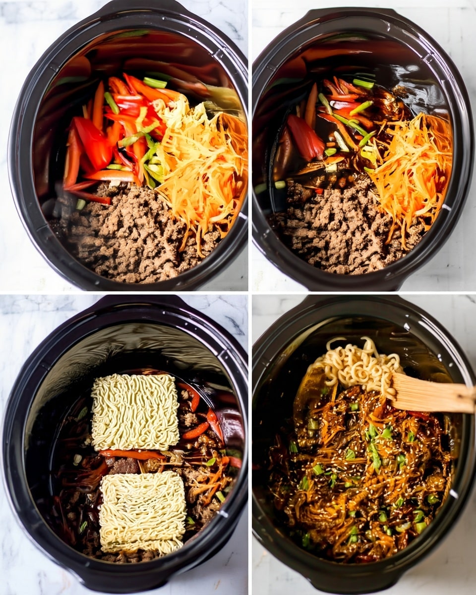 The image shows four stages of cooking in a black slow cooker on a white marbled surface. In the first stage, the slow cooker contains three main layers: cooked ground meat at the bottom, sliced red bell peppers and green onions on the left side, and shredded orange carrots on the right side. In the second stage, a dark brown sauce is added over the vegetables and meat without mixing. In the third stage, two blocks of uncooked ramen noodles sit on top of the layered ingredients below. In the last stage, the noodles and other ingredients are mixed together into a meal with small green onion pieces and sesame seeds sprinkled over the top, with a wooden spoon partially visible stirring the mix. photo taken with an iphone --ar 4:5 --v 7